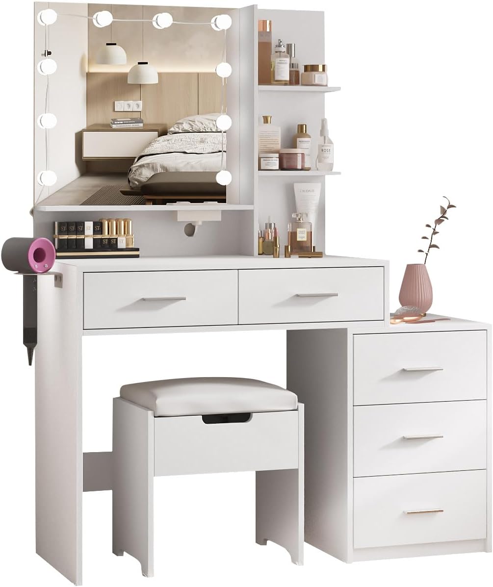 Maupvit Vanity Desk with Mirror and Lights, White Vanity with Bedside Table, 5 Drawers Large Capacity, Metal Silver Handle, Makeup Vanity with 10 Led Lights And Charging Station