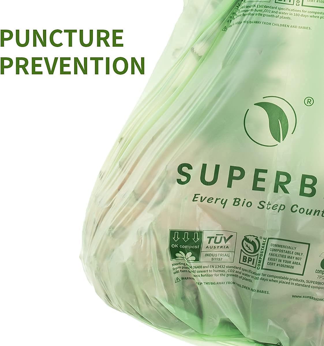 SUPERBIO 1.6 Gallon Handle Tie Compostable Food Scrap Bags For Counter Top Compost Bin, Small Compost Bags, 50 Count, 6 Liter, BPI & OK compost INDUSTRIAL Certified