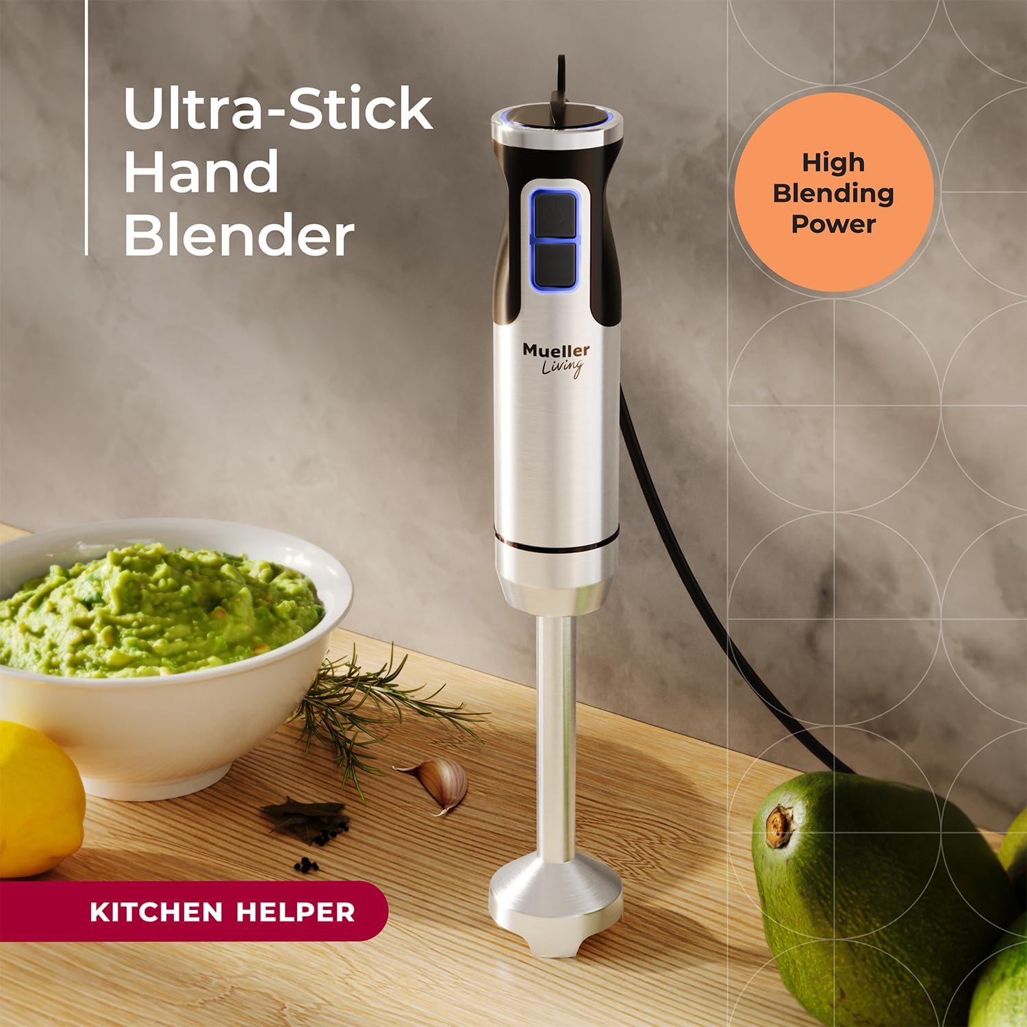 Mueller Immersion Blender Handheld - 8 Speed Stainless Steel Electric Hand Blender, 3 in 1 Emulsion Blender Handheld with Turbo Mode, Stick Blender Emulsifier for Kitchen for Soup, Smoothie, Puree