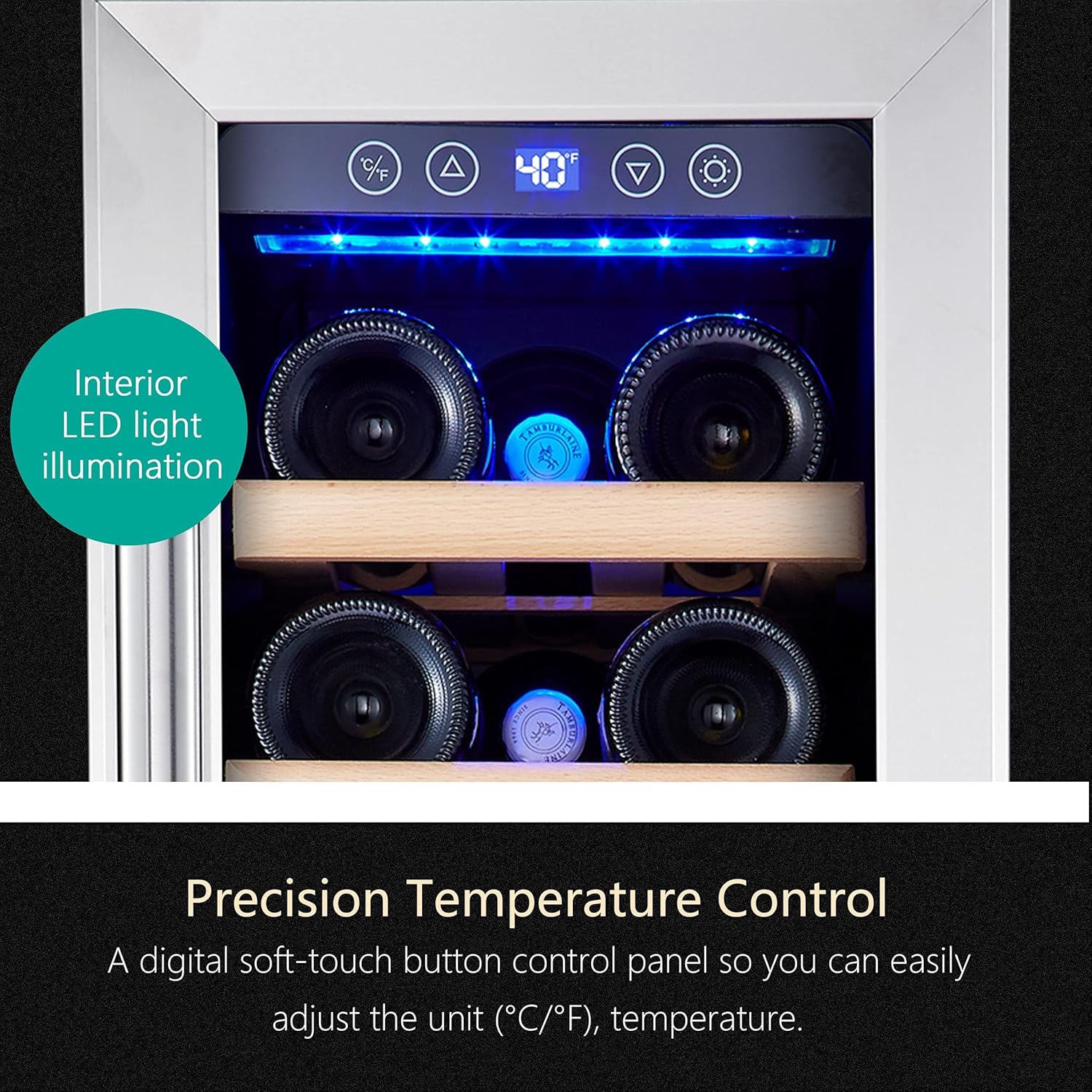 Kalamera 24 inch Wine Cooler, 46 Bottle - Dual Zone Built-in or Freestanding Fridge with Stainless Steel Reversible Glass Door, for Home, Kitchen, or Office.