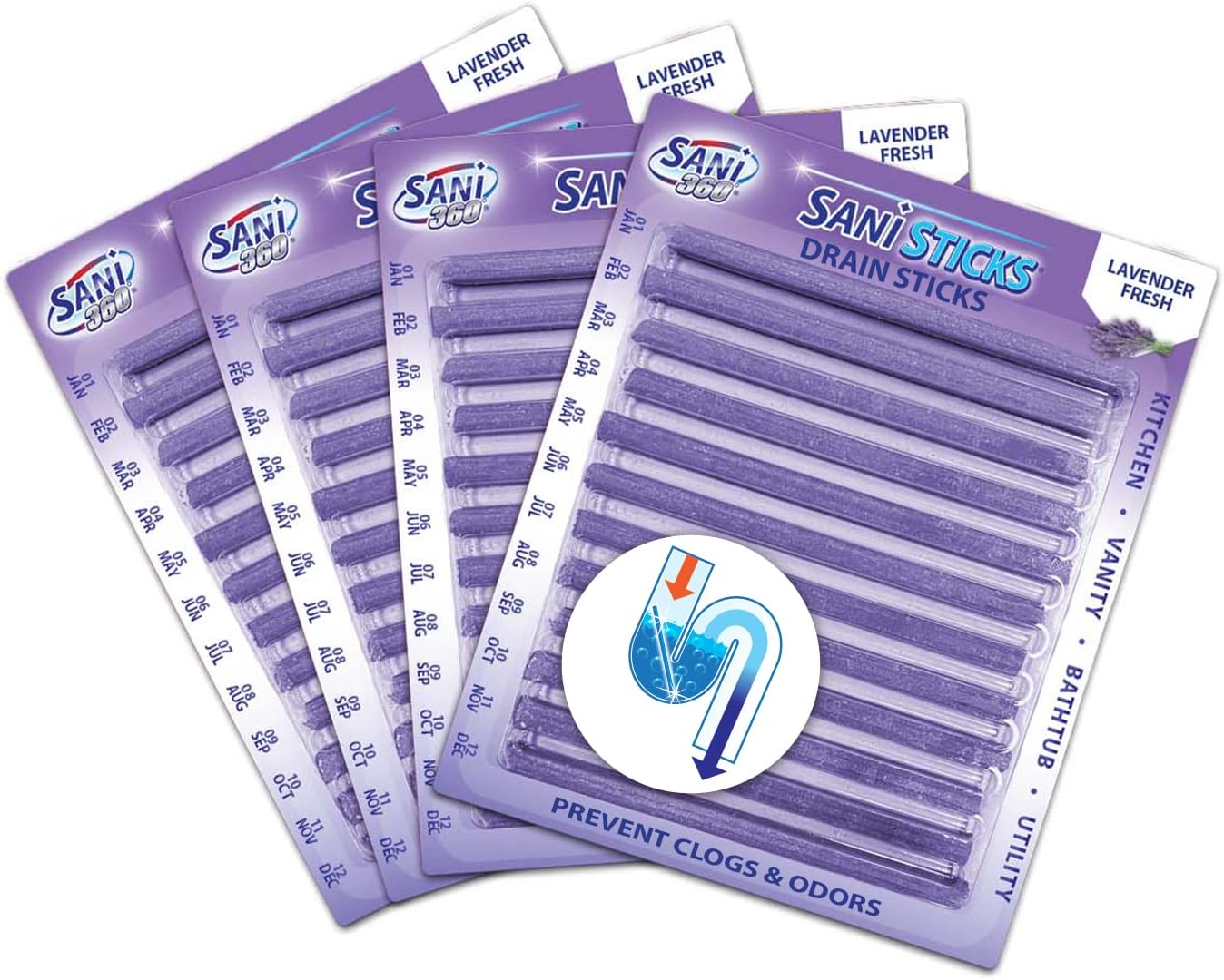 SANI 360° Sani Sticks Drain Cleaner and Deodorizer, Enzyme Pipe Cleaners, Eliminate Odors, Prevent Clogged Drains, Safe for Sinks, Bathtub Drains, Septic Tanks, 24 Count, Lemon Scent