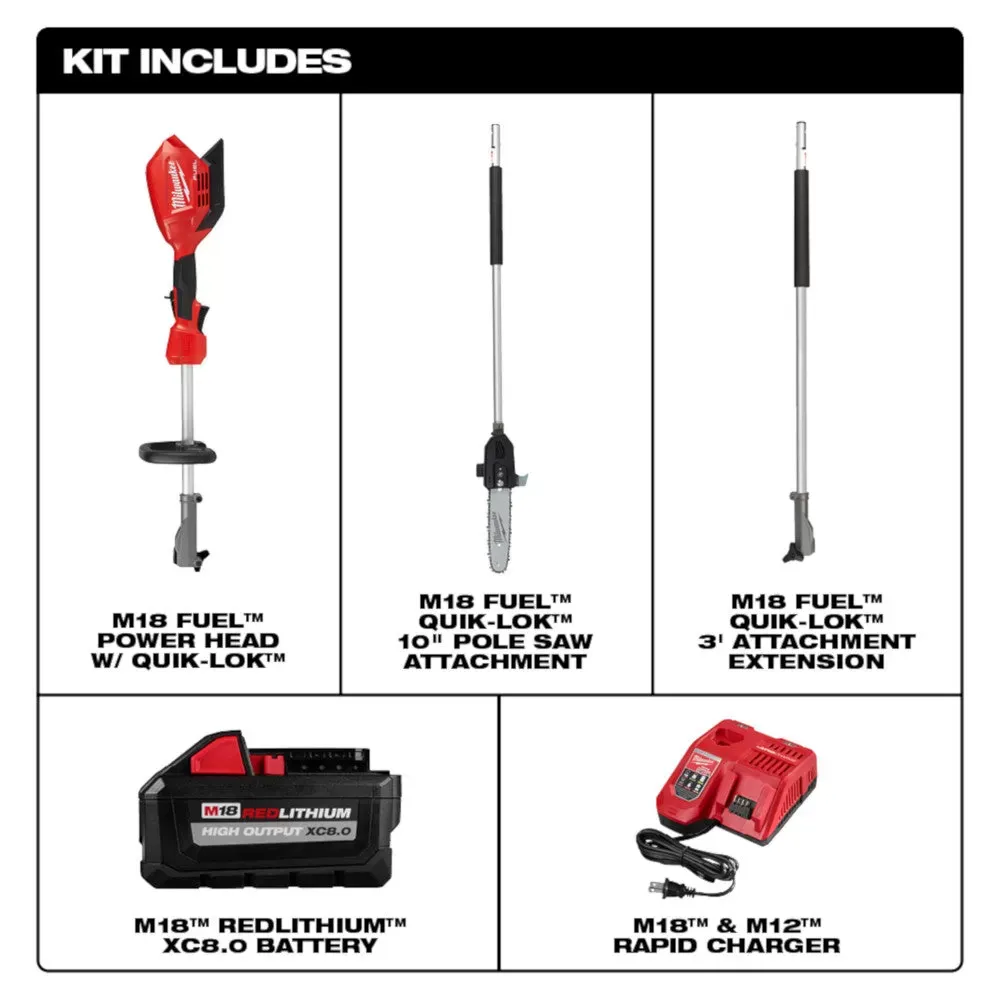 Milwaukee 2825-21PS M18 FUEL 18V 10-Inch QUIK-LOK Cordless Pole Saw Kit