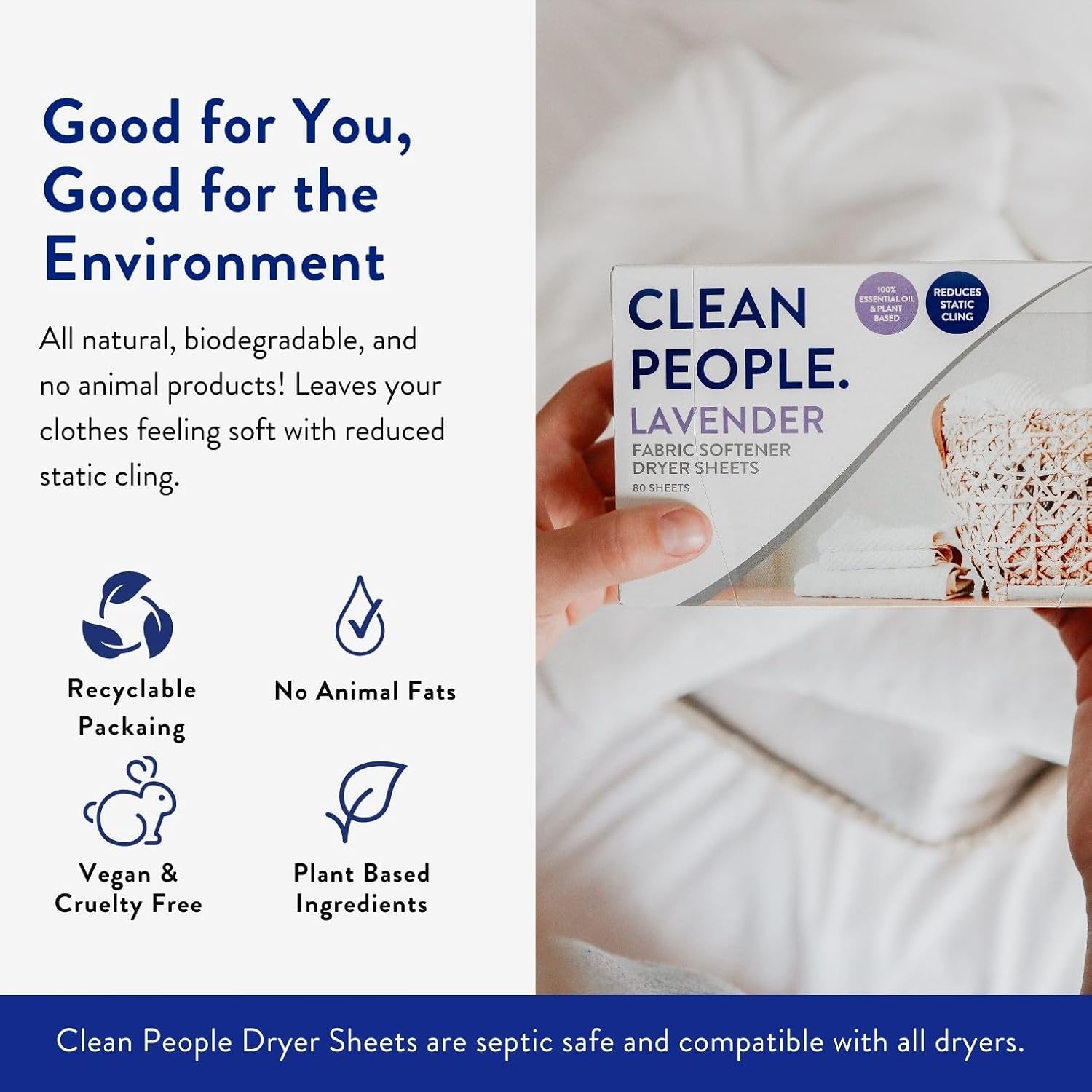 The Clean People Fabric Softener Sheets - Dryer Sheets - Softens & Removes Static Cling - Vegan Laundry Softener With Essential Oils - Fresh Scent, 120 Pack