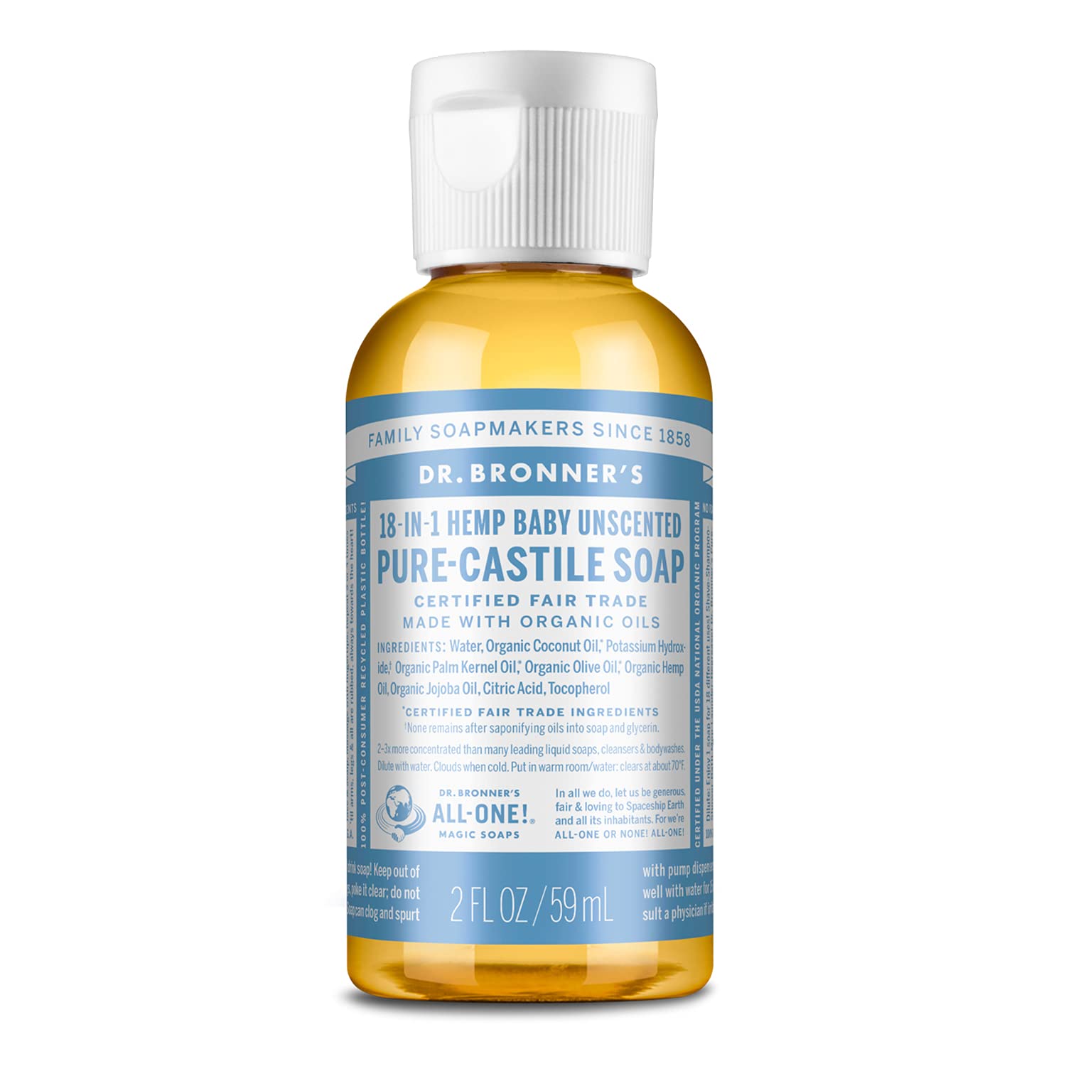 Dr. Bronner's - Pure-Castile Liquid Soap (Baby Unscented, 8 Ounce) - Made with Organic Oils, 18-in-1 Uses: Face, Hair, Laundry, Dishes, For Sensitive Skin, Babies, No Added Fragrance, Vegan, Non-GMO