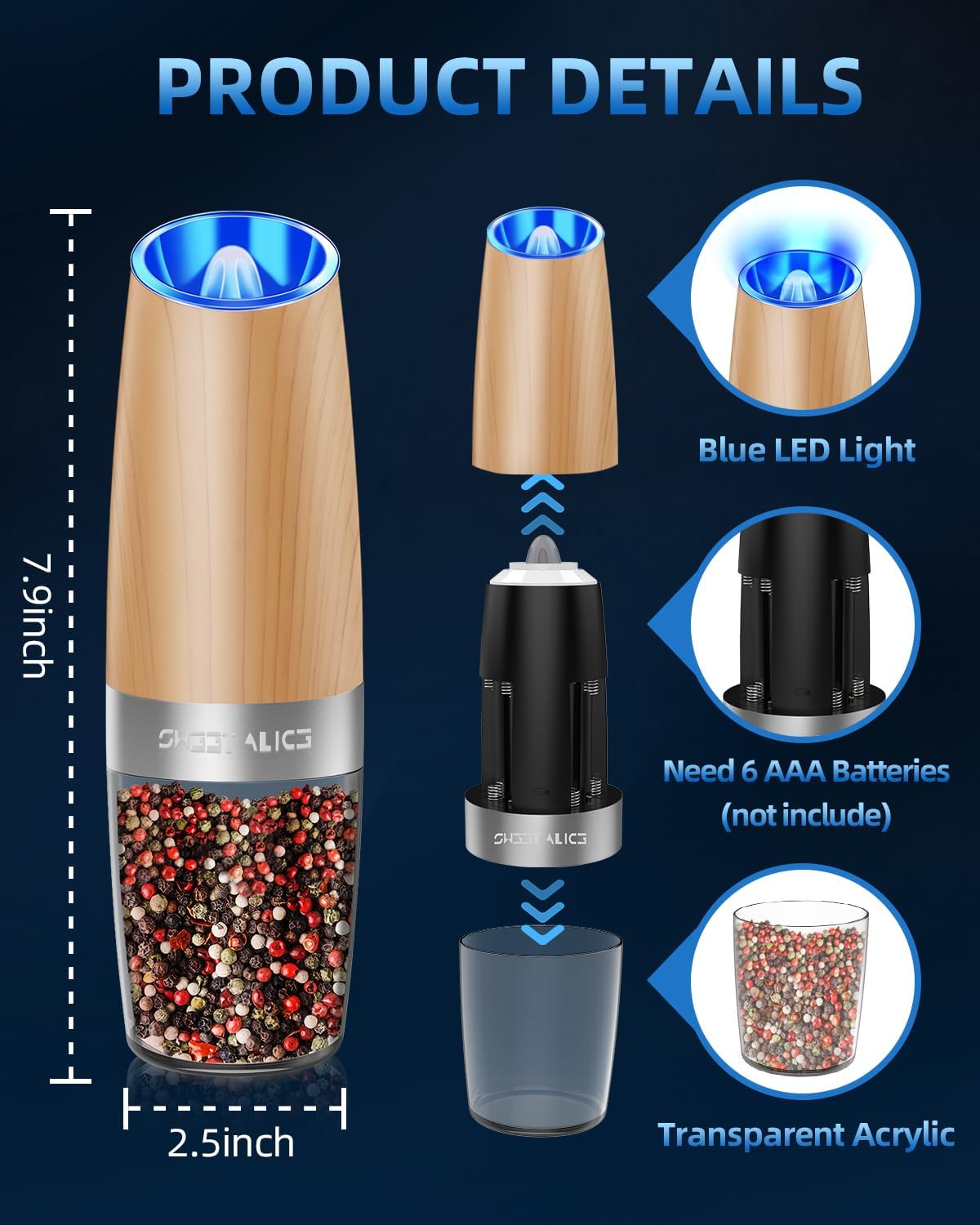 Sweet Alice Gravity Electric Pepper and Salt Grinder Set, Adjustable Coarseness, Battery Powered with LED Light, One Hand Automatic Operation, Stainless Steel Black, 2 Pack