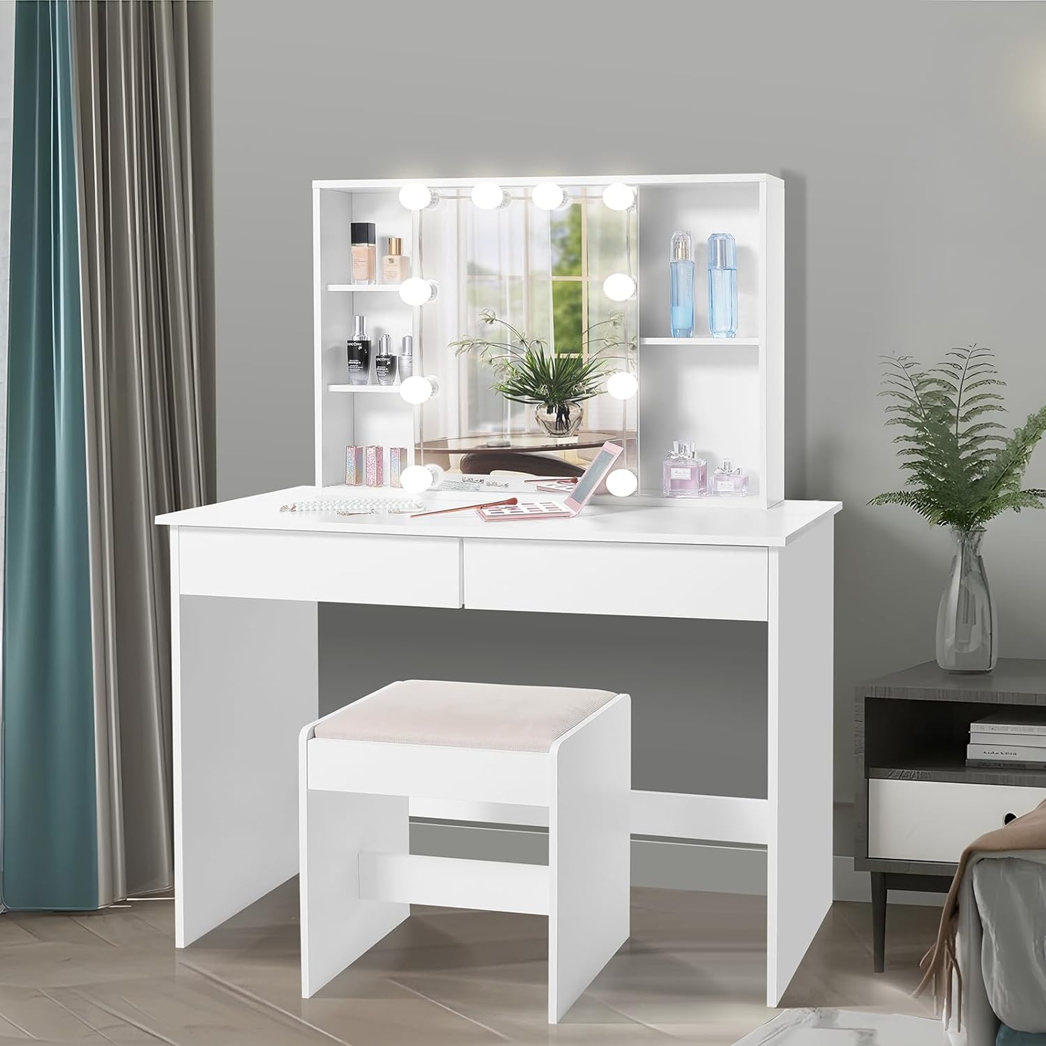 Makeup Vanity Desk with Sliding Lighted Mirror, Makeup Table Vanity Desk with 2 Large Drawers, 3 Color Lighting Modes, Brightness Adjustable, Vanity Table for Women Girls, White