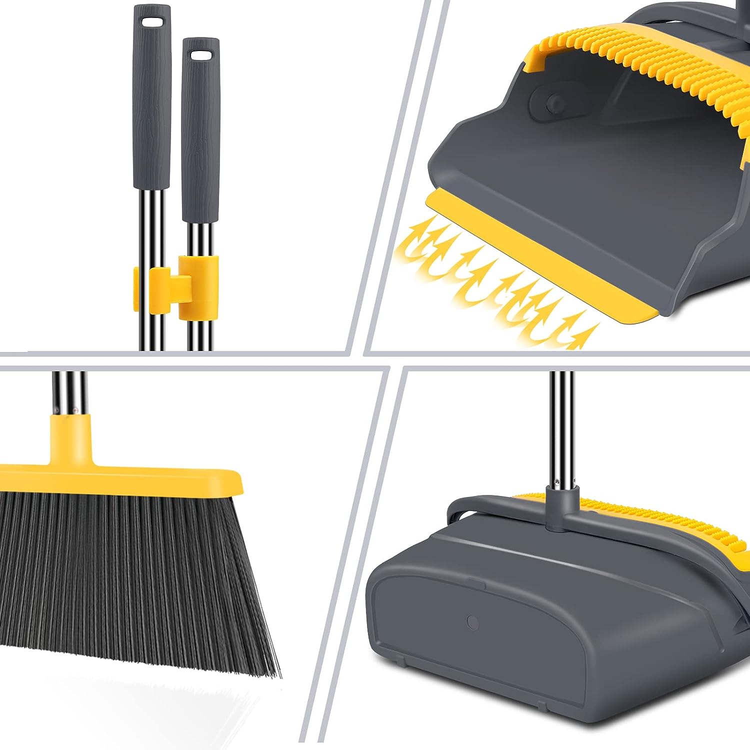 kelamayi Upgrade Stand Up Broom and Dustpan Set, Self-Cleaning with Dustpan Teeth, Ideal for Dog Cat Pets Home Use, Super Long Handle (Gray&Orange)