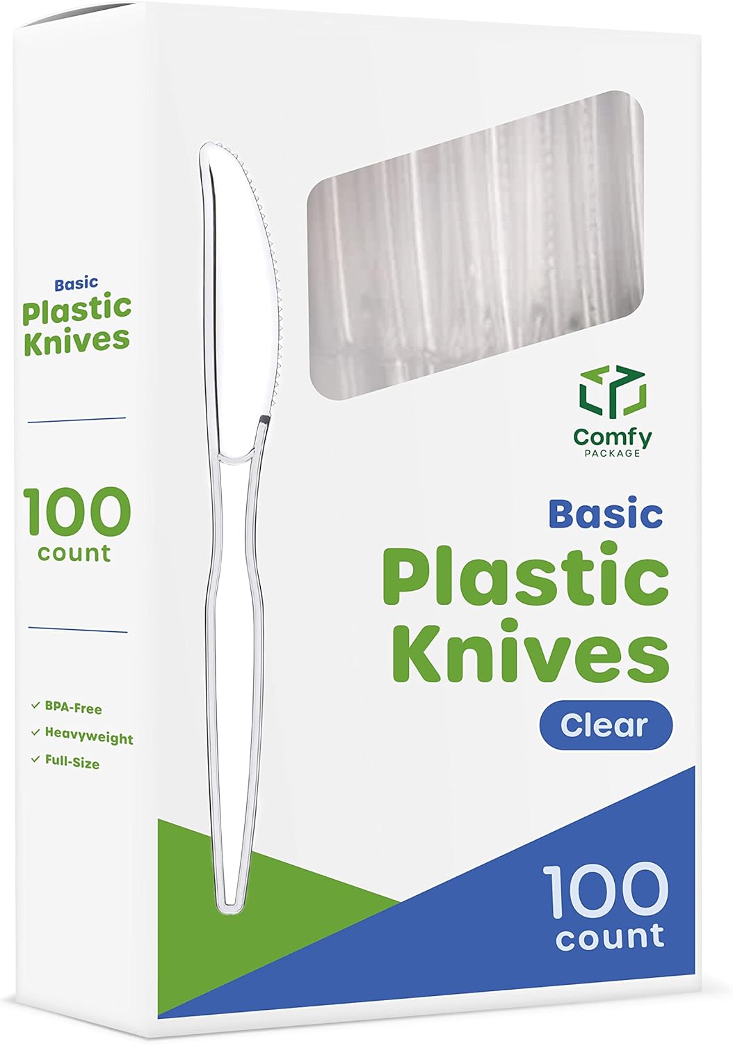 Comfy Package [100 Pack Heavy Duty Disposable Clear Plastic Knives - Basic Cutlery for Parties, Events, and Everyday Use