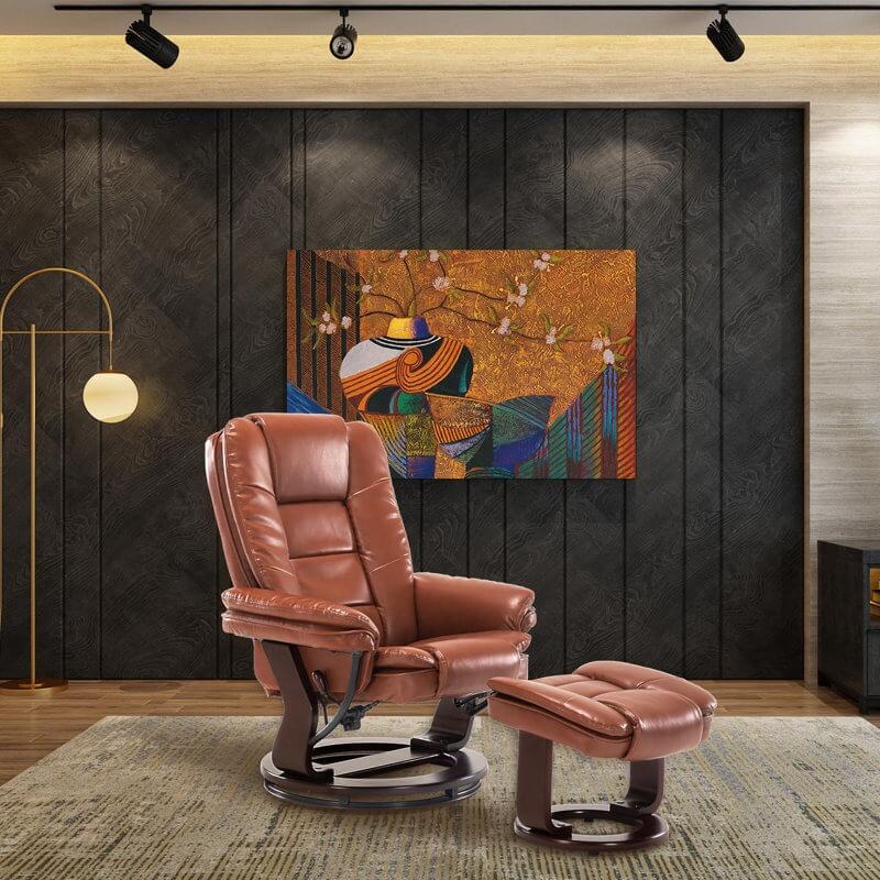 Contemporary Multi-Position Recliner and Curved Ottoman with Swivel Base