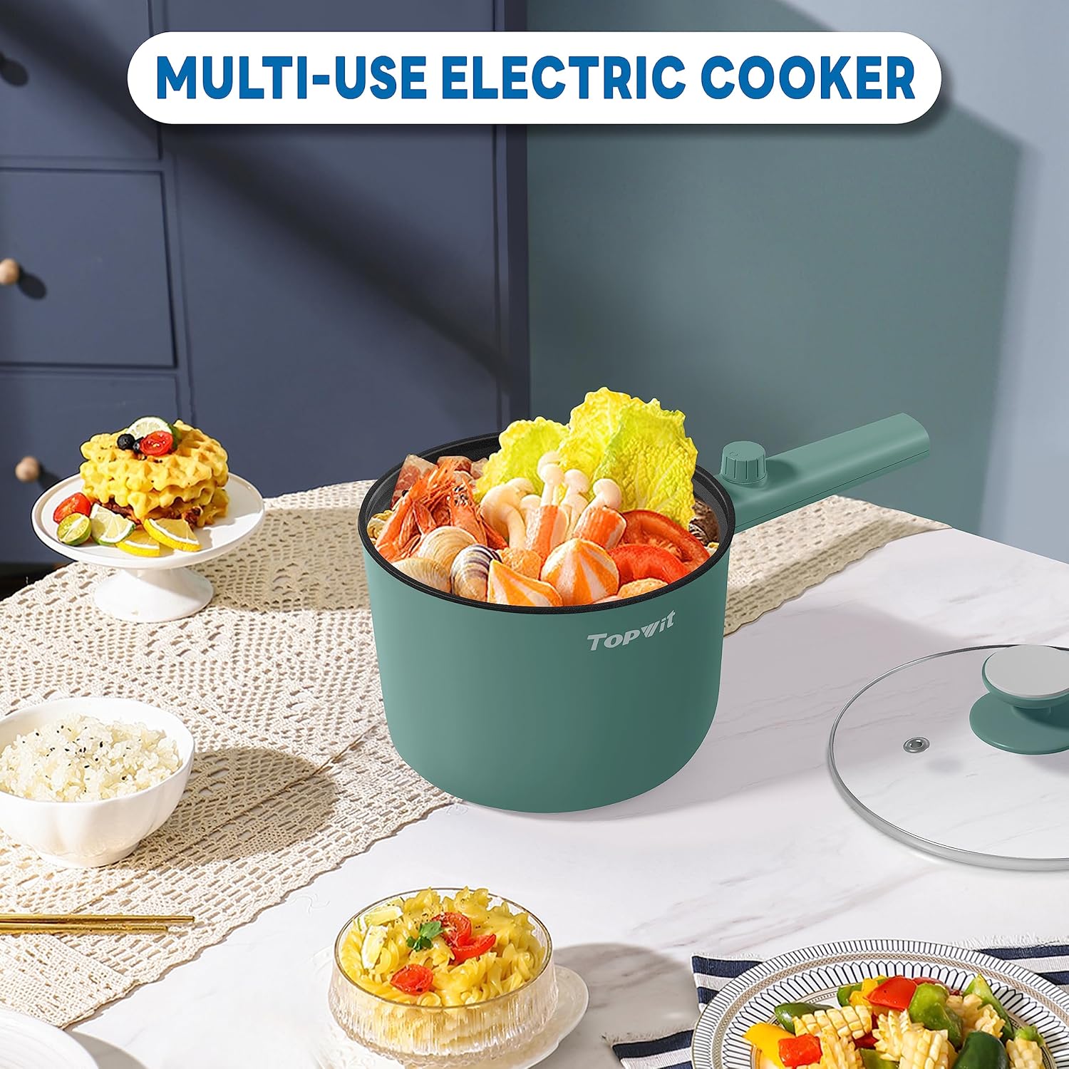 Topwit Hot Pot Electric, 1.5L Ramen Cooker, Portable Non-Stick Frying Pan, Electric Pot for Pasta, Steak, BPA Free, Electric Cooker with Dual Power Control, Over-Heating & Boil Dry Protection, Black