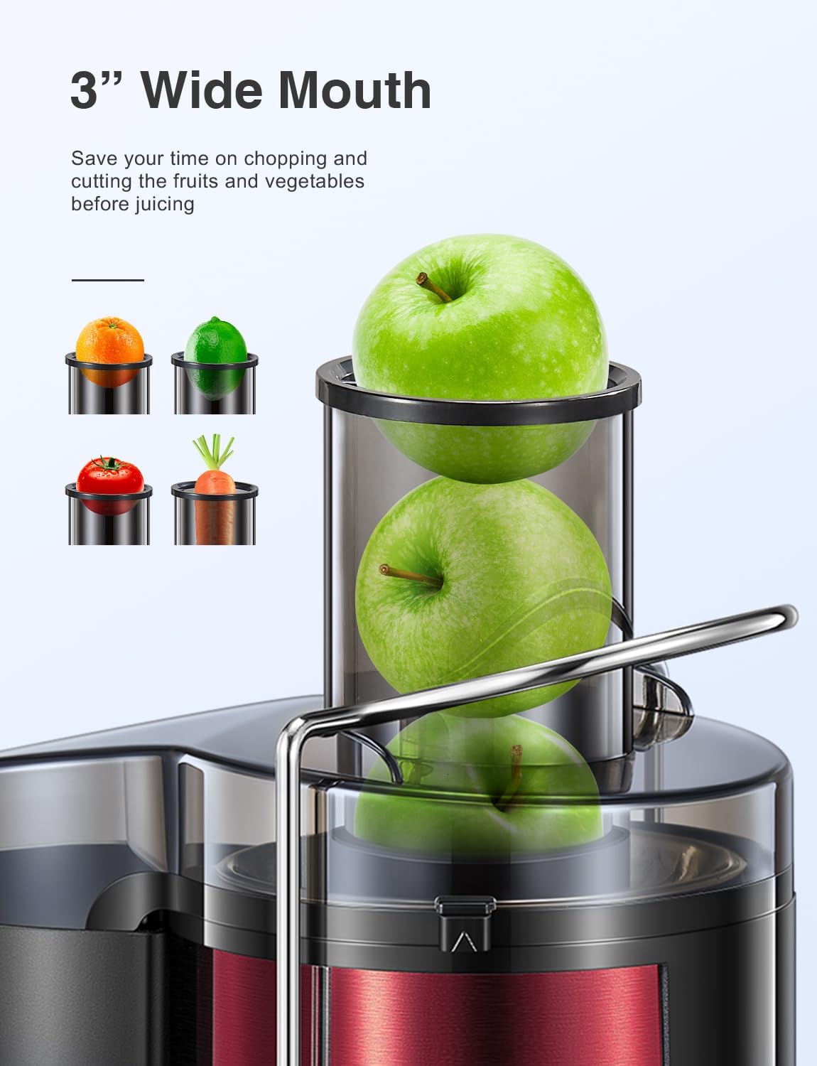 Qcen Juicer Machine, 800W Centrifugal Juicer Extractor with Wide Mouth 3” Feed Chute for Fruit Vegetable, Easy to Clean, Stainless Steel, BPA-free (Black)