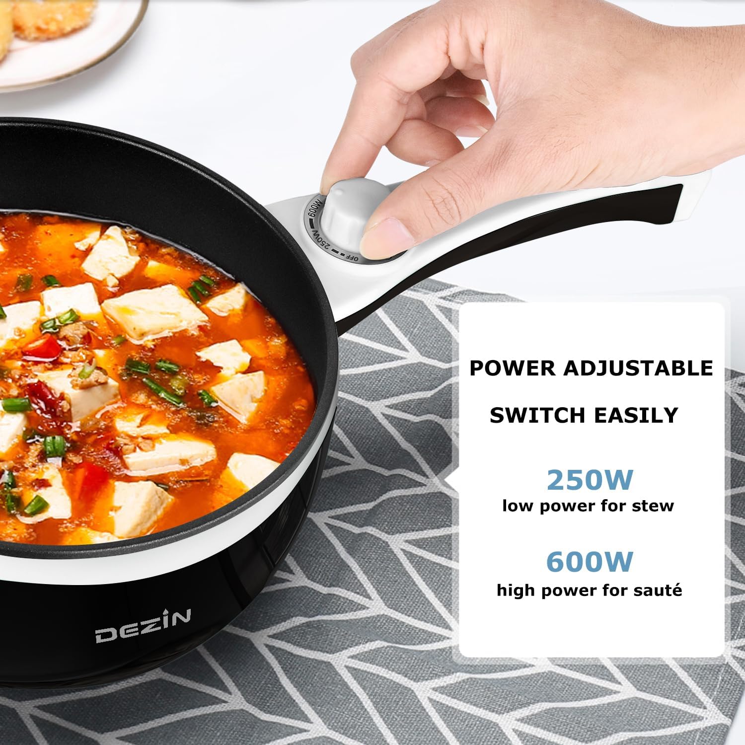 Dezin Hot Pot Electric Upgraded, Non-Stick Sauté Pan, Rapid Noodles Electric Pot, 1.5L Mini Portable Hot Pot for Steak, Egg, Fried Rice, Ramen, Oatmeal, Soup with Power Adjustment(Egg Rack Included)