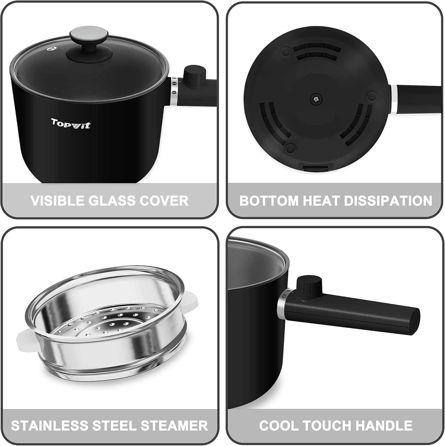 Topwit Hot Pot Electric, 1.5L Ramen Cooker, Portable Non-Stick Frying Pan, Electric Pot for Pasta, Steak, BPA Free, Electric Cooker with Dual Power Control, Over-Heating & Boil Dry Protection, Black