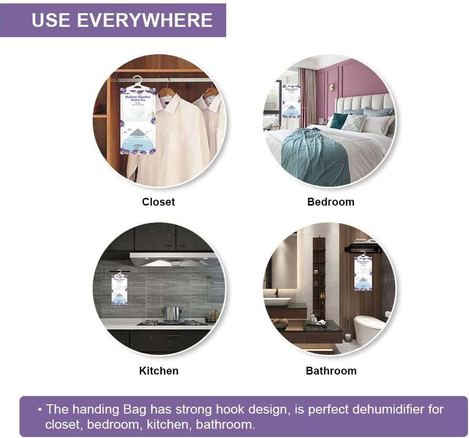 CANAGER Hanging Moisture Absorber, Lavender Vanilla Moistureproof Hanging Bag，Dehumidifier Bag (8 packs) Hanging Closet Dehumidifier Bags, Moisture Absorb 12.5 oz