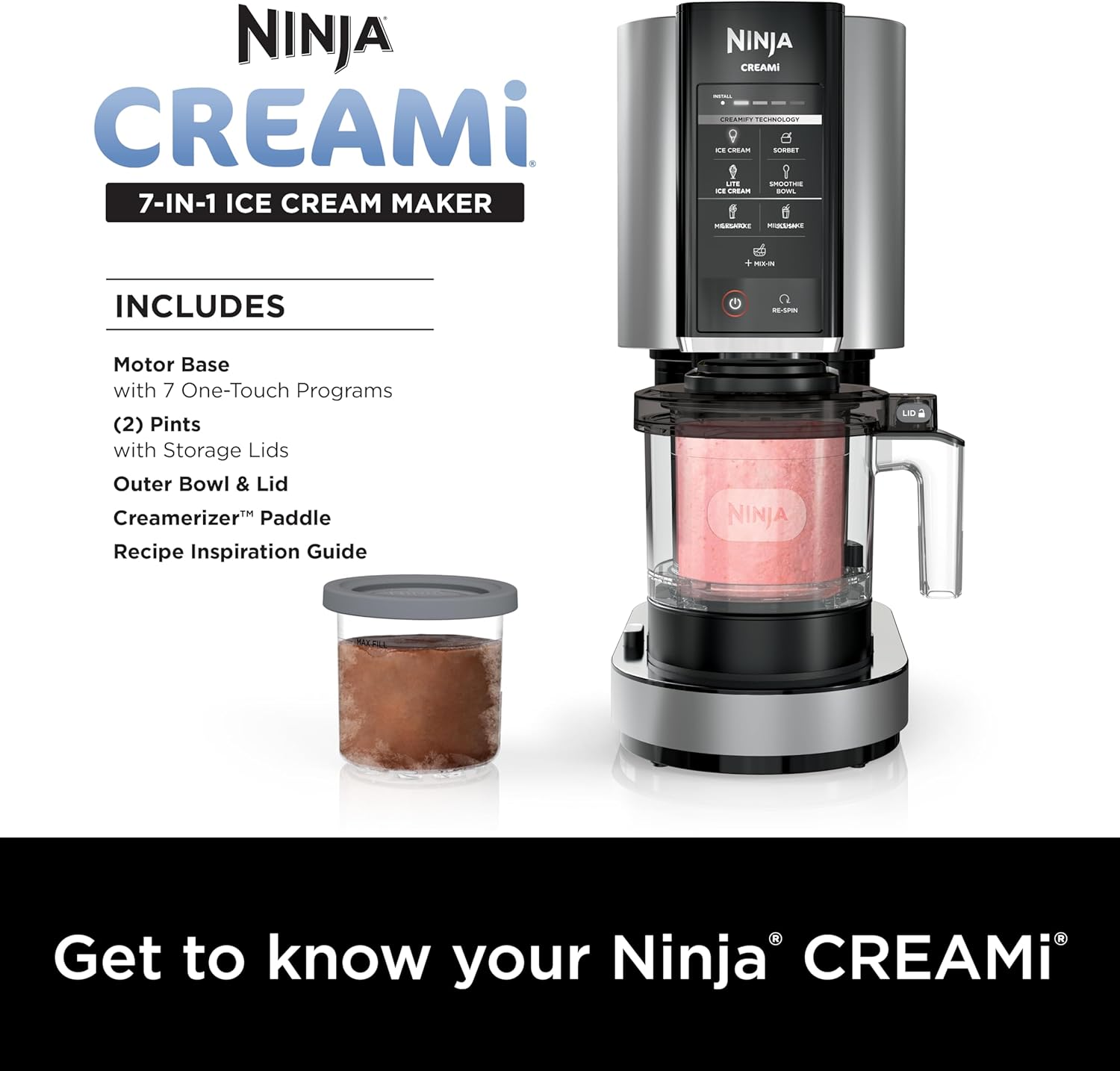 Ninja CREAMi, Ice Cream Maker, Ice Cream, Gelato, Sorbet ,Milkshakes, Mix-ins, Smoothie Bowls & More, 7-in-1, Ice Cream Pints, Pint lid, Healthy Ice Cream, Compact, Perfect for Kids, Black, NC299AMZ