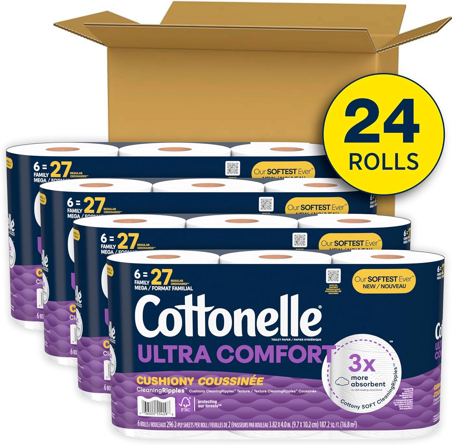 Cottonelle Ultra Comfort Toilet Paper with Cushiony CleaningRipples Texture, 24 Family Mega Rolls (24 Family Mega Rolls = 108 Regular Rolls) (4 Packs of 6), 296 Sheets per Roll, Packaging May Vary