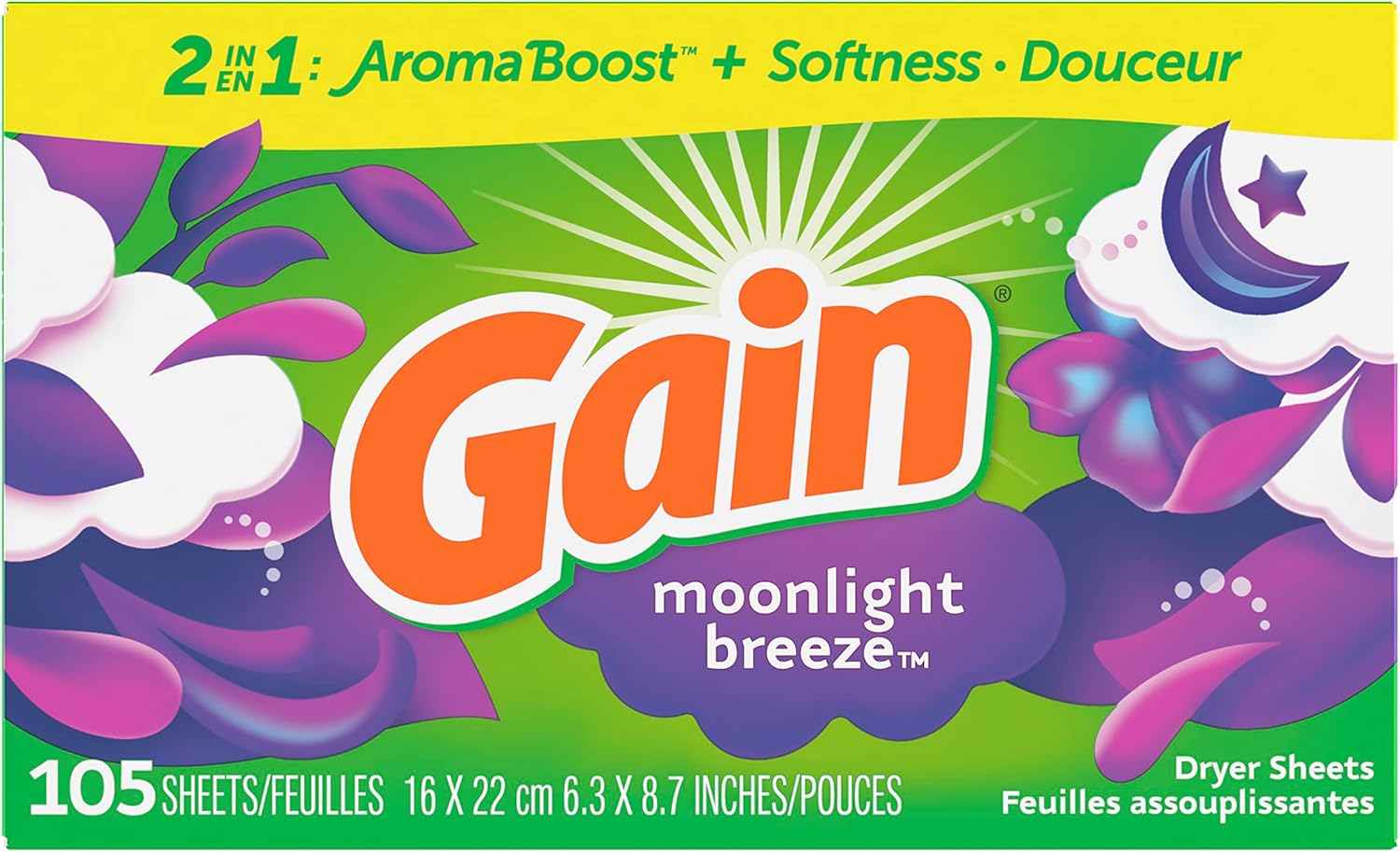 Gain Dryer Sheets Laundry Fabric Softener, Moonlight Breeze, 240 Count