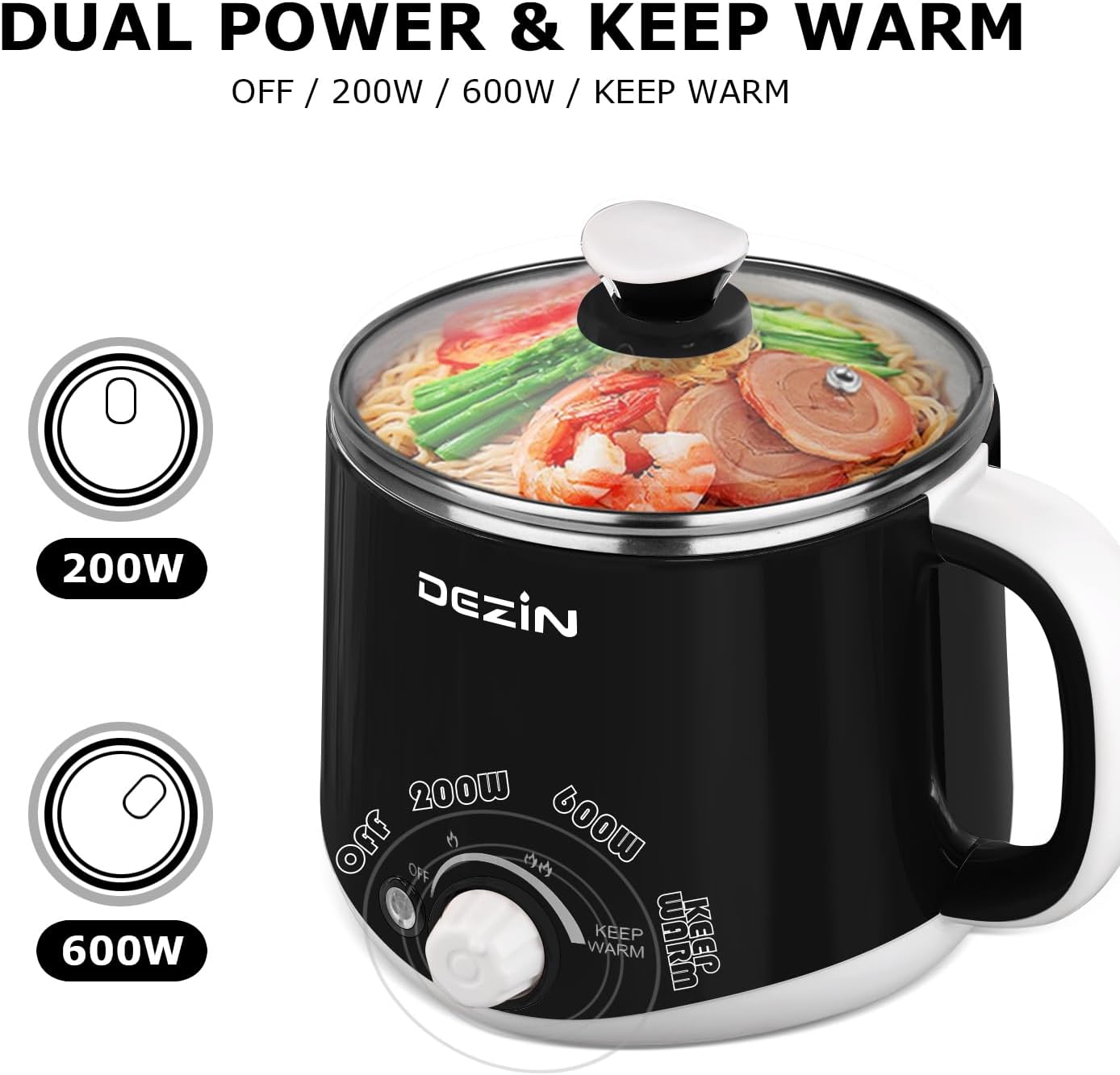 Dezin Electric Pot, 1.6L Ramen Cooker, Hot Pot Electric Stainless Steel, Multifunctional Electric Cooker for Egg, Pasta, Soup, Porridge, Oatmeal with Temperature Control and Keep Warm Function