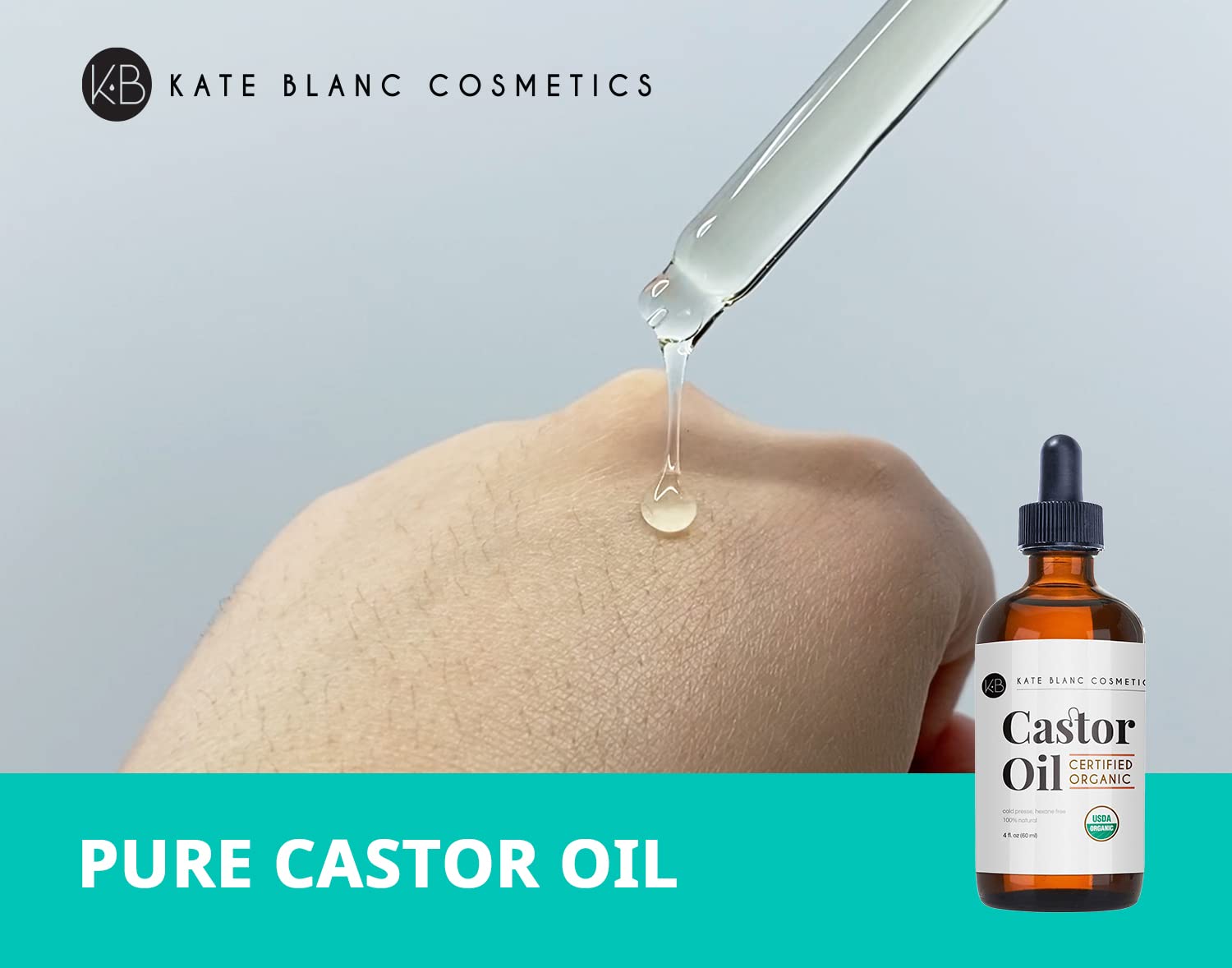 Kate Blanc Cosmetics Castor Oil Organic (2oz), 100% Pure, Cold Pressed, Hexane Free. Stimulate Growth for Hair, Eyelashes, Eyebrows. Hair Treatment Starter Kit & Skin Moisturizer
