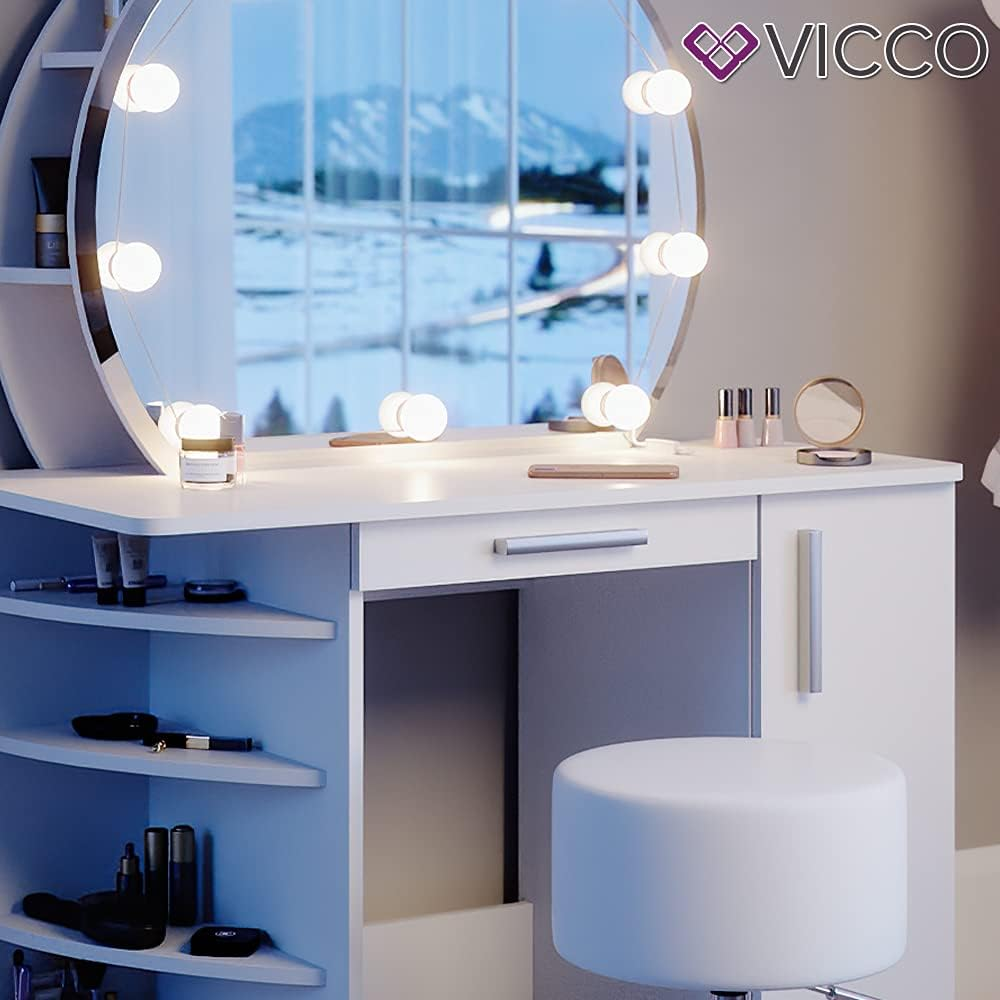 Vicco Almina Dressing Table 100 cm White with LED Lighting and Stool