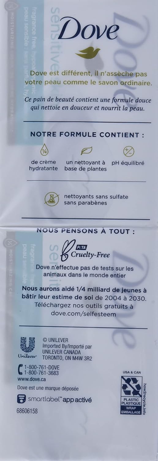 Dove Beauty Bar Soap Sensitive, 8 Bars for Sensitive Skin, Fragrance Free and Hypoallergenic 3.75 oz