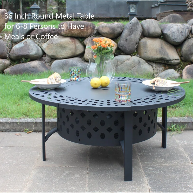 Hayler Wood Burning Outdoor Fire Pit Table with Lid