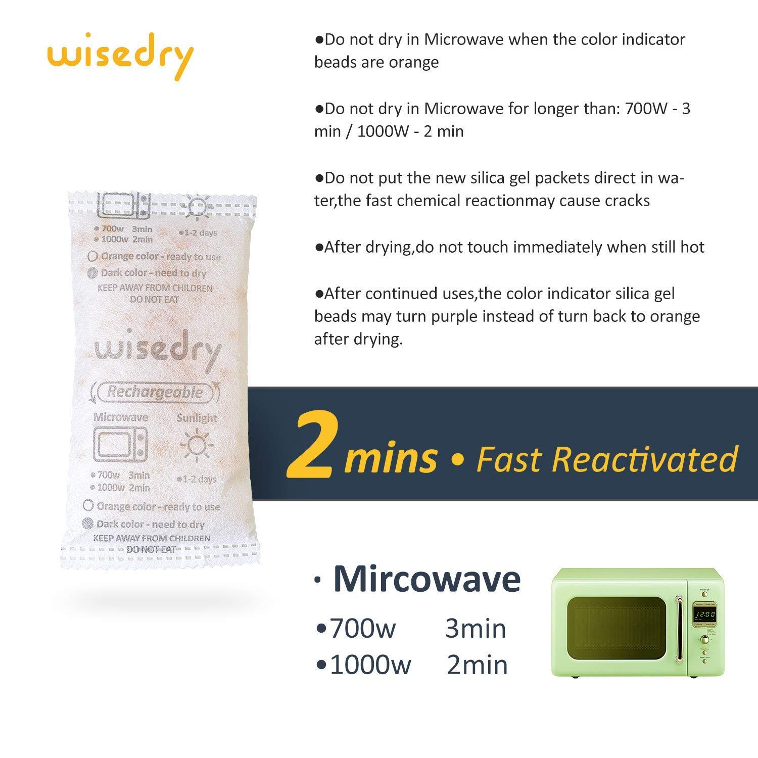 wisedry 2 x 500 Gram [2.2 lbs] Rechargeable Silica Gel Car Dehumidifier, Microwave Fast Reactivated Desiccant Packets Large for Gun Safe Closet Basement Garage Storage Moisture Absorbers Bag Reusable