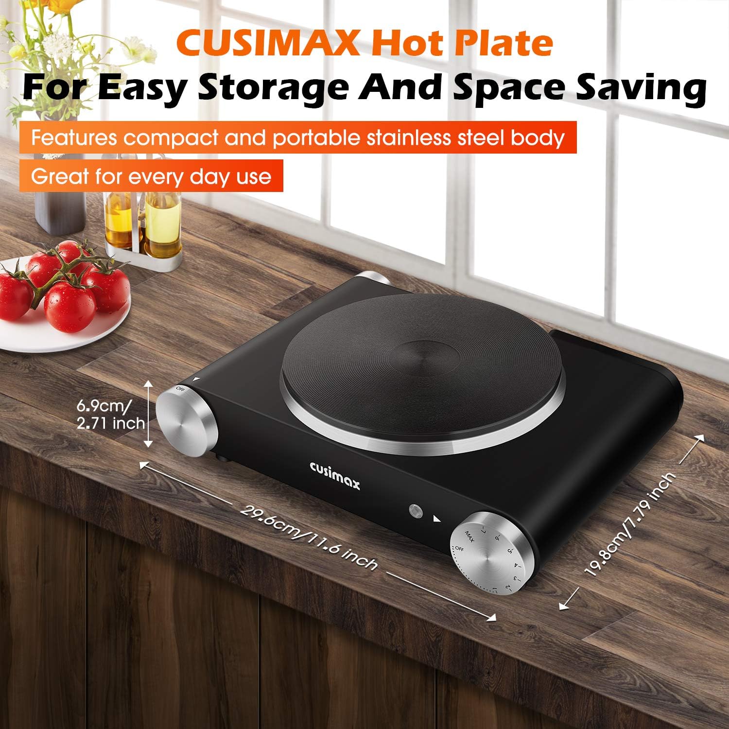 CUSIMAX 1800W Ceramic Electric Hot Plate for Cooking, Dual Control Infrared Cooktop, Double Burner, Portable Countertop Burner, Glass Plate Electric Cooktop, Silver, Stainless Steel-Upgraded Version