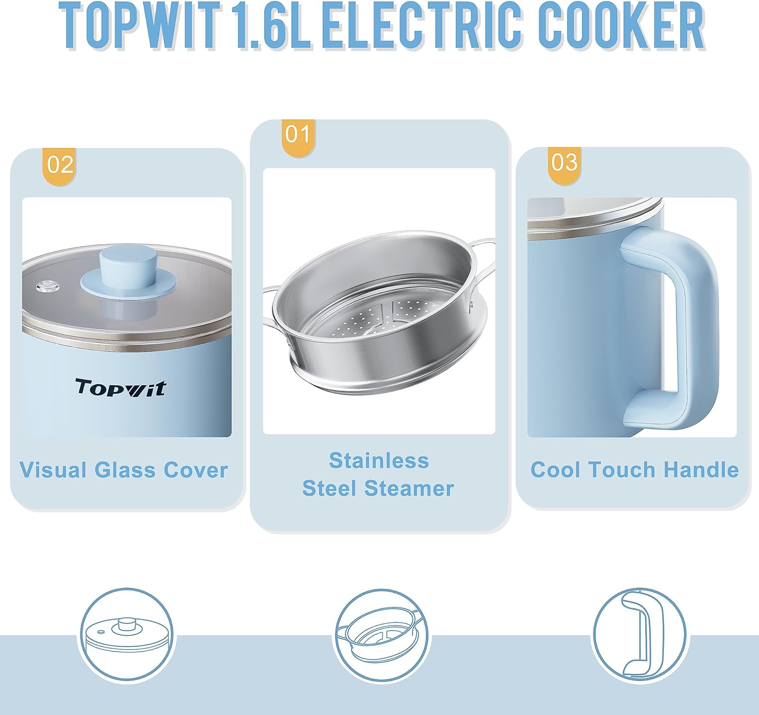 Topwit Hot Pot Electric, Electric Pot, 1.6L Ramen Cooker, Multifunctional Electric Cooker for Pasta, Shabu-Shabu, Oatmeal, Soup and Egg with Over-Heating Protection, Boil Dry Protection, Blue