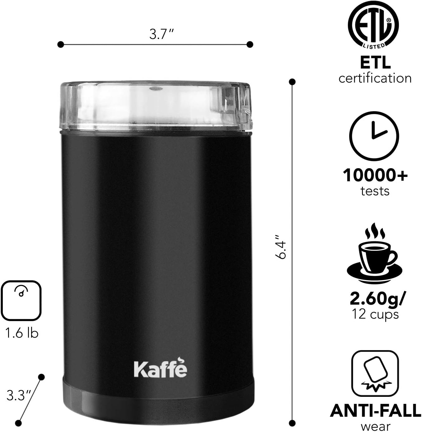 Kaffe One-Touch Coffee Grinder Electric w/Cleaning Brush (3 oz) - Coffee Grinders for Home Use - Up to 12 Cups of Coffee per Grind - Easy On/Off Coffee Bean Grinder - Black