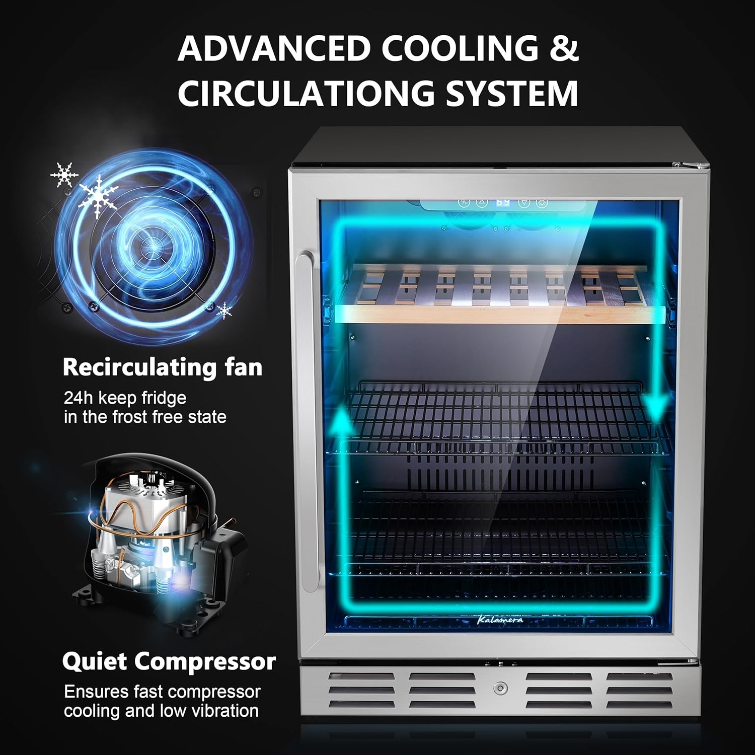 Kalamera 24 inch Wine Cooler, 46 Bottle - Dual Zone Built-in or Freestanding Fridge with Stainless Steel Reversible Glass Door, for Home, Kitchen, or Office.