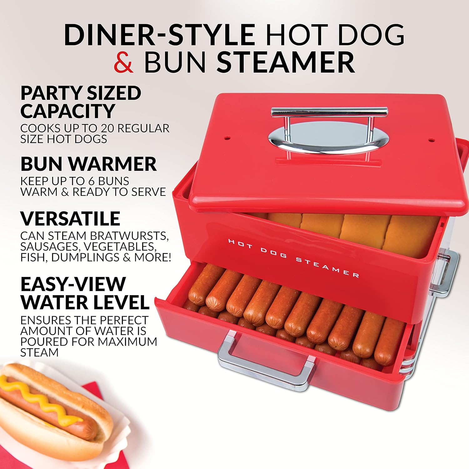 Nostalgia Extra Large Diner-Style Coca-Cola Hot Dog Steamer and Bun Warmer, 24 Hot Dog and 12 Bun Capacity, Steam Bratwursts, Sausages, Vegetables, Fish, Dumplings, Red