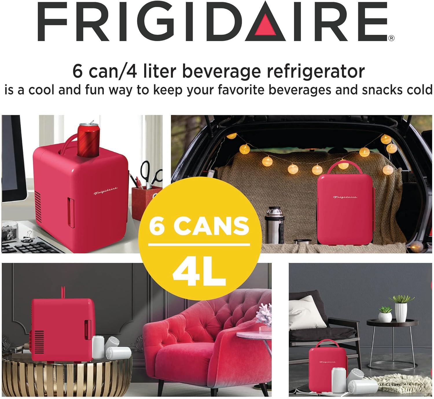 Frigidaire Mini Portable Compact Personal Fridge Cooler, 4 Liter Capacity Chills Six 12 oz Cans, 100% Freon-Free & Eco Friendly, Includes Plugs for Home Outlet & 12V Car Charger – Black