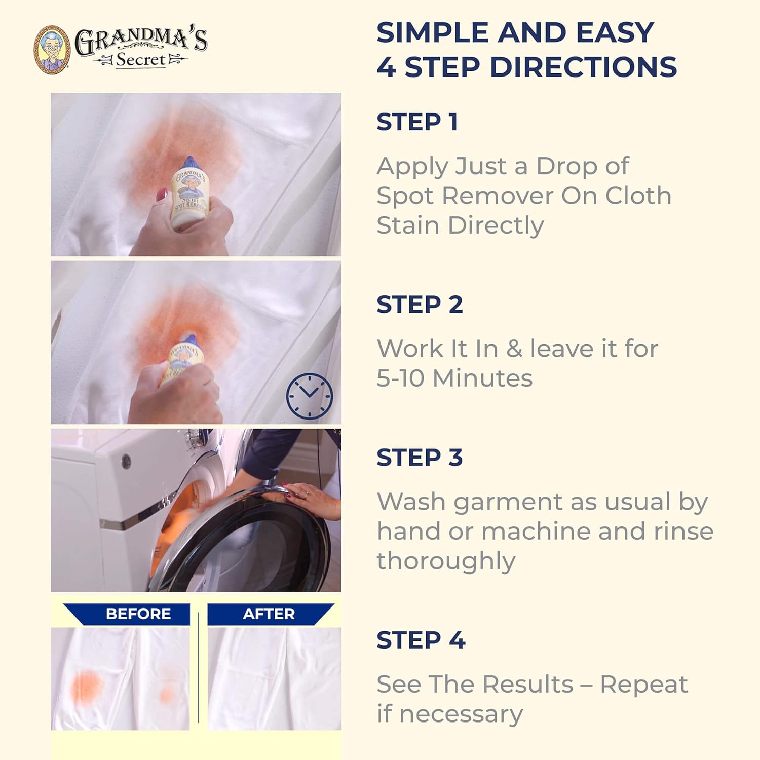 Grandma's Secret Spot Remover Laundry Spray - Chlorine, Bleach and Toxin-Free Fabric Stain Remover for Clothes - Removes Oil, Paint, Blood and Pet Stains - 16 Oz, 2 Pack