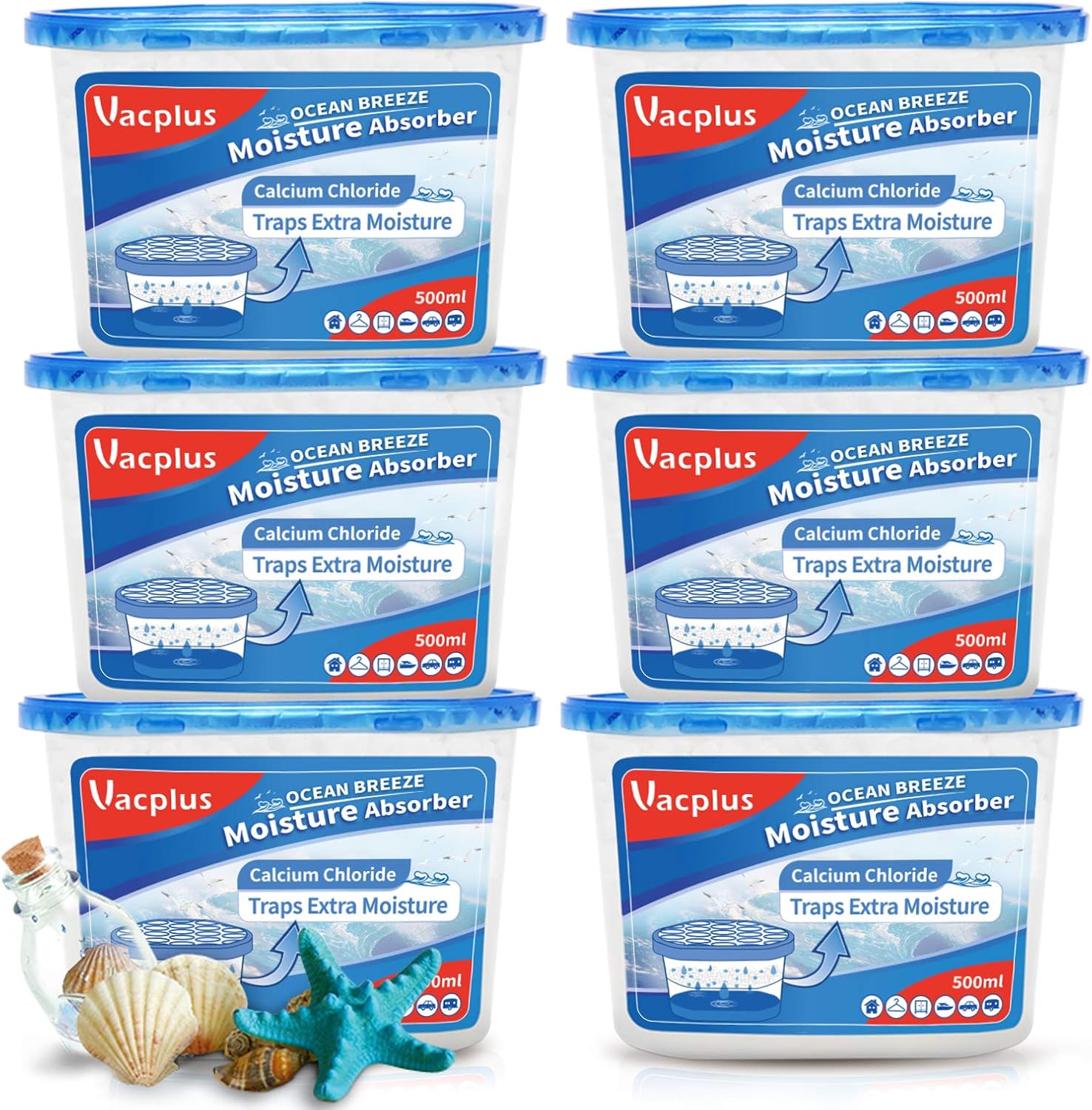 Vacplus Moisture Absorbers 6 Pack, 10.5 Oz Portable Humidity Absorber Boxes for Your Bathroom, Closet & Car, Dehumidifier and Odor Eliminator with Fragrance Free for Fresher Air, Navy Blue