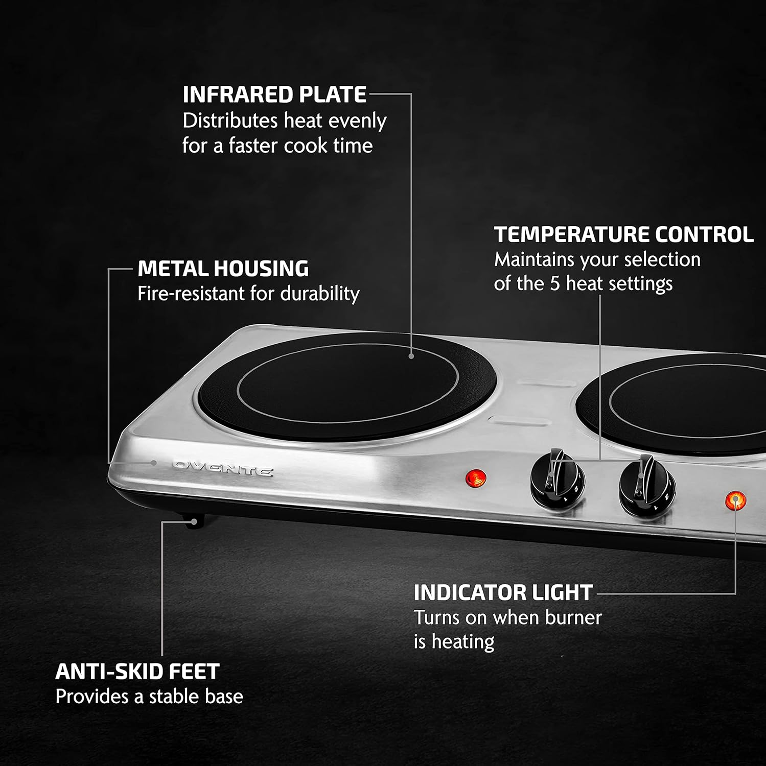 OVENTE Countertop Infrared Single Burner, 1000W Electric Hot Plate with 7” Ceramic Glass Cooktop, 5 Level Temperature Setting & Easy to Clean Base, Compact Stove for Home Dorm Office, Silver BGI101S