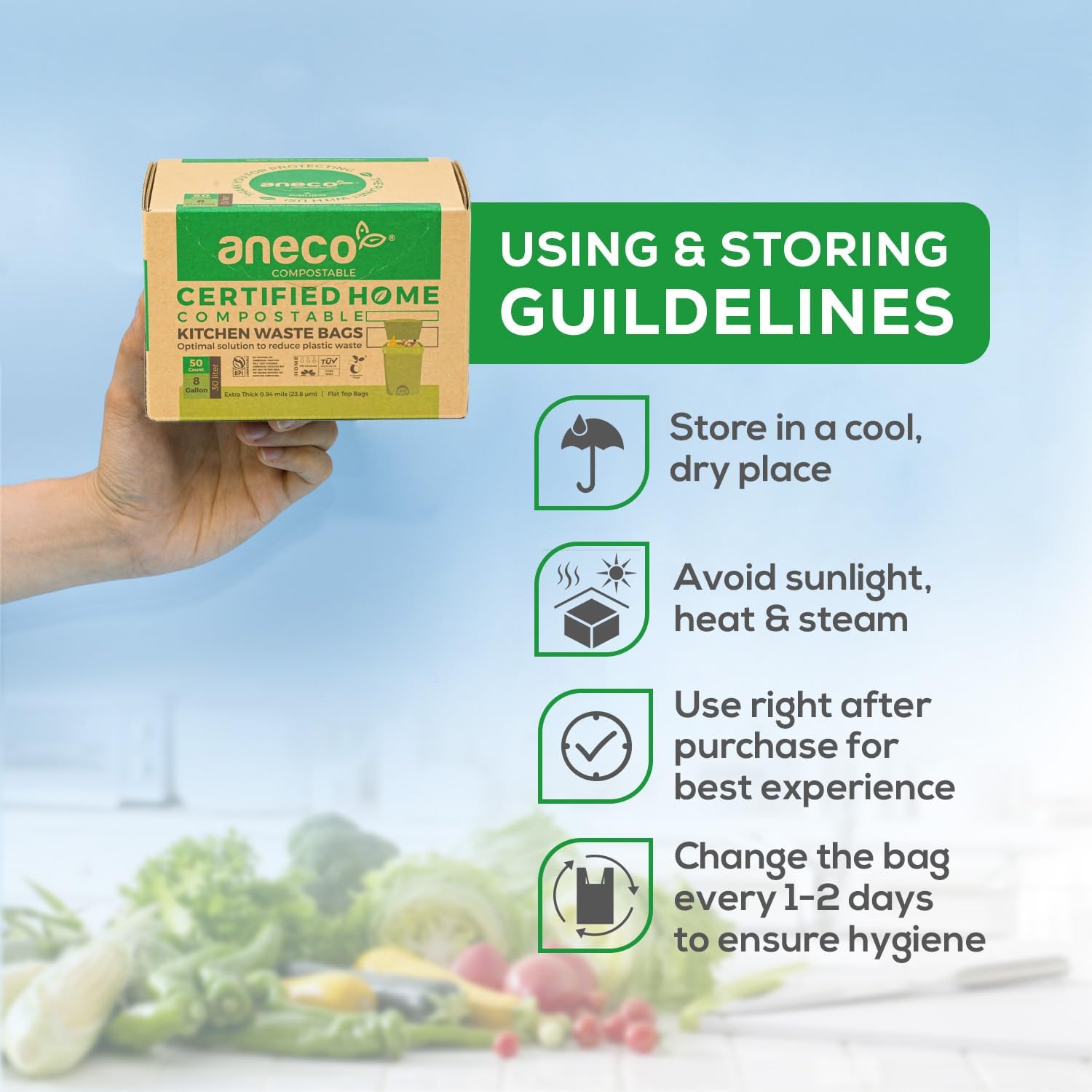 ANECO 100% Compostable Waste Bags 2.6 Gallon, Extra Thick Kitchen Small Compost Bags for Countertop Bin (100 Count)