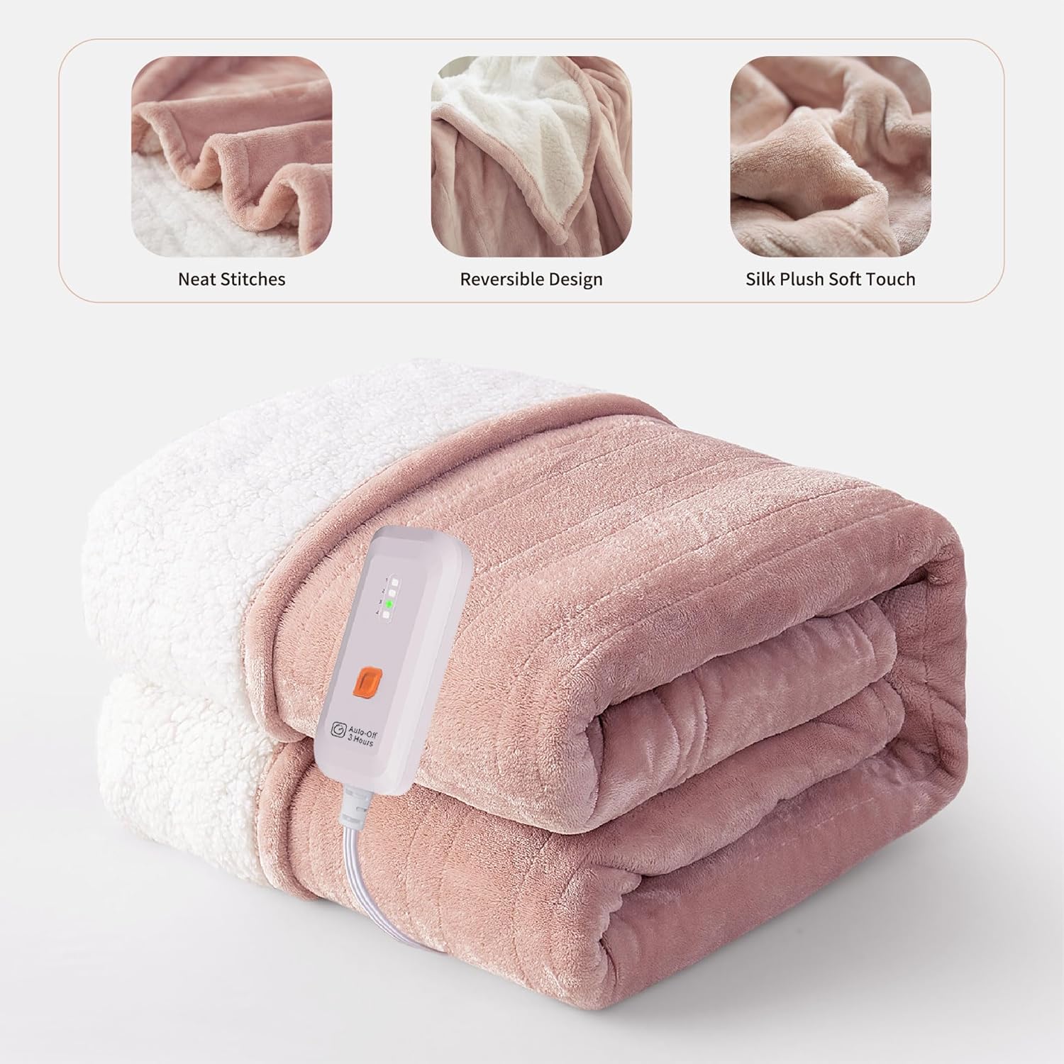 GOTCOZY Heated Blanket Electric Throw 50''X60''- Soft Silky Plush Electric Blanket with 4 Heating Level & 3 Hour Auto Off Heating Blanket, ETL Certified Machine Washable (Rose Dust)