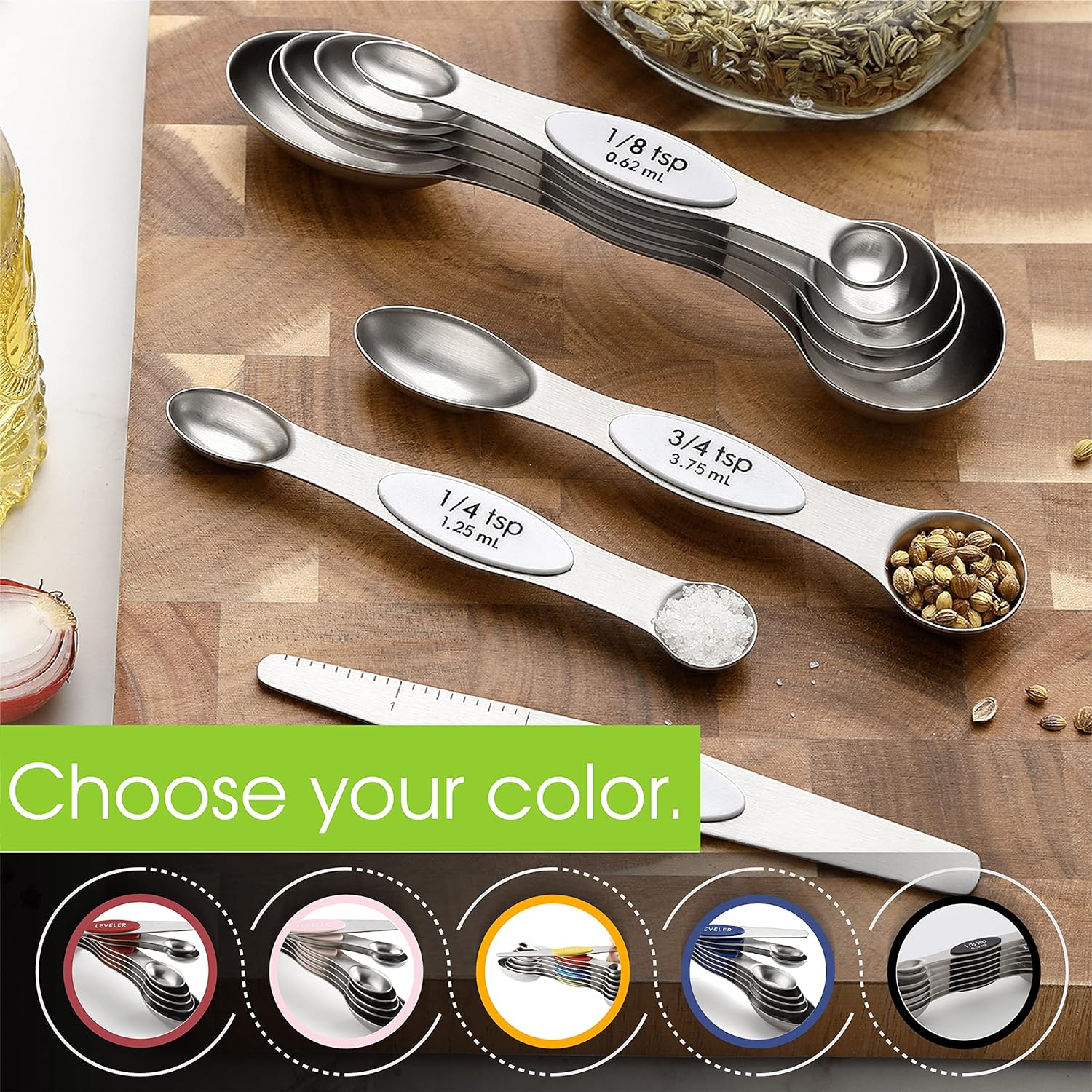 Spring Chef Magnetic Measuring Spoons Set with Strong N45 Magnets, Heavy Duty Stainless Steel Metal, Fits in Most Kitchen Spice Jars for Baking & Cooking, BPA Free, Black, Set of 8 with Leveler