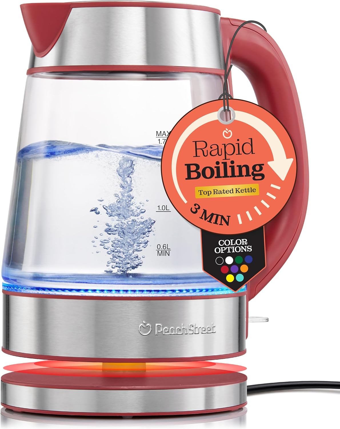 Speed-Boil Electric Kettle For Coffee & Tea - 1.7L Water Boiler 1500W, Borosilicate Glass, Easy Clean Wide Opening, Auto Shut-Off, Cool Touch Handle, LED Light. 360° Rotation, Boil Dry Protection