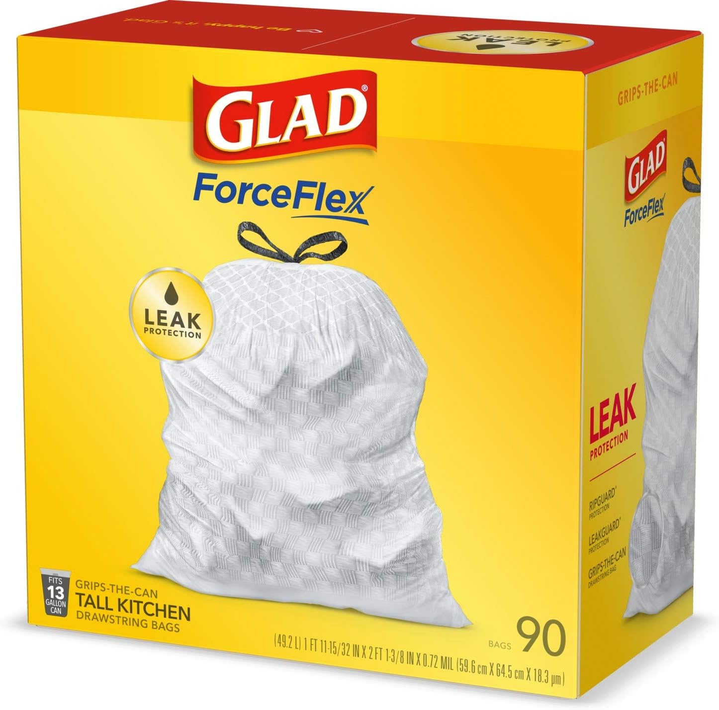 GLAD ForceFlex Tall Drawstring Trash Bags, 13 Gallon White Trash Bags for Tall Kitchen Trash Can, Unscented Leak Protection Bags, 120 Count - Packaging May Vary