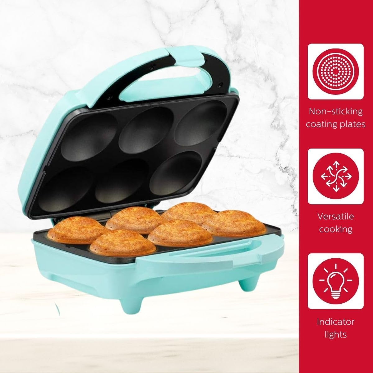 Holstein Housewares Non-Stick Cupcake Maker, Teal - Makes 6 Cupcakes, Muffins, Cinnamon Buns - Birthdays, Holidays, and More