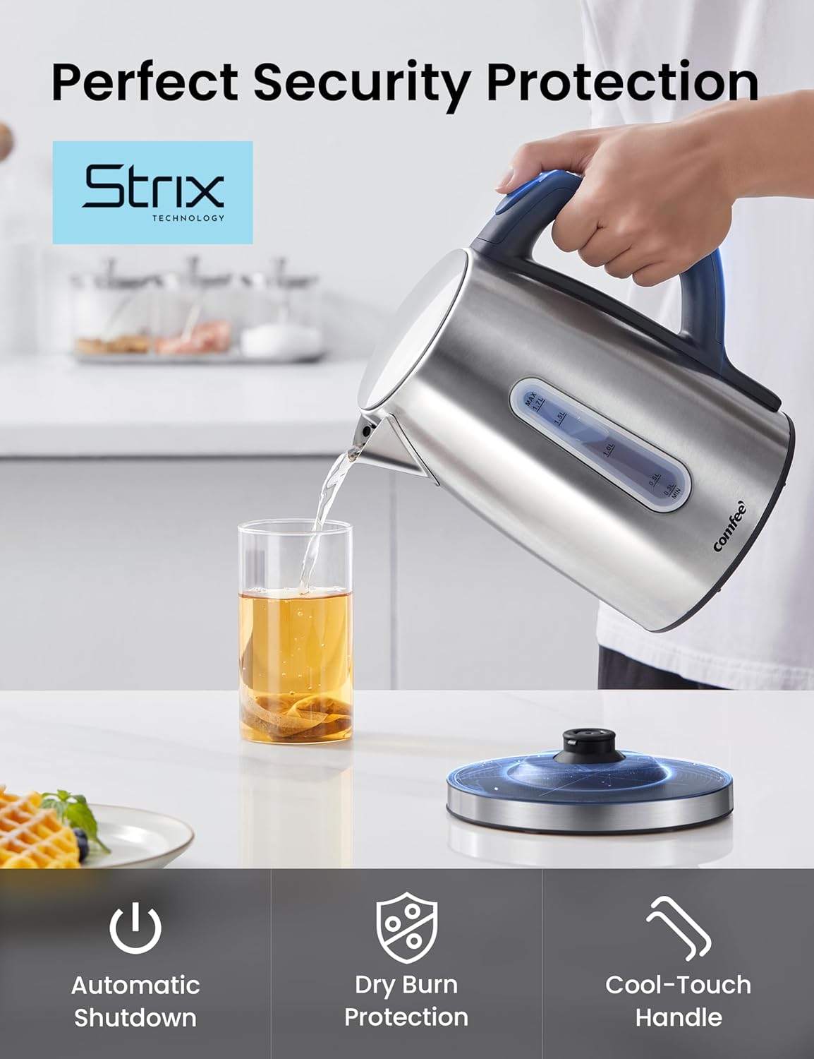 COMFEE' Stainless Steel Electric Kettle, 1.7 Liter Tea Kettle Electric & Hot Water Kettle, 1500W Fast Boil with LED Light, Auto Shut-Off and Boil-Dry Protection