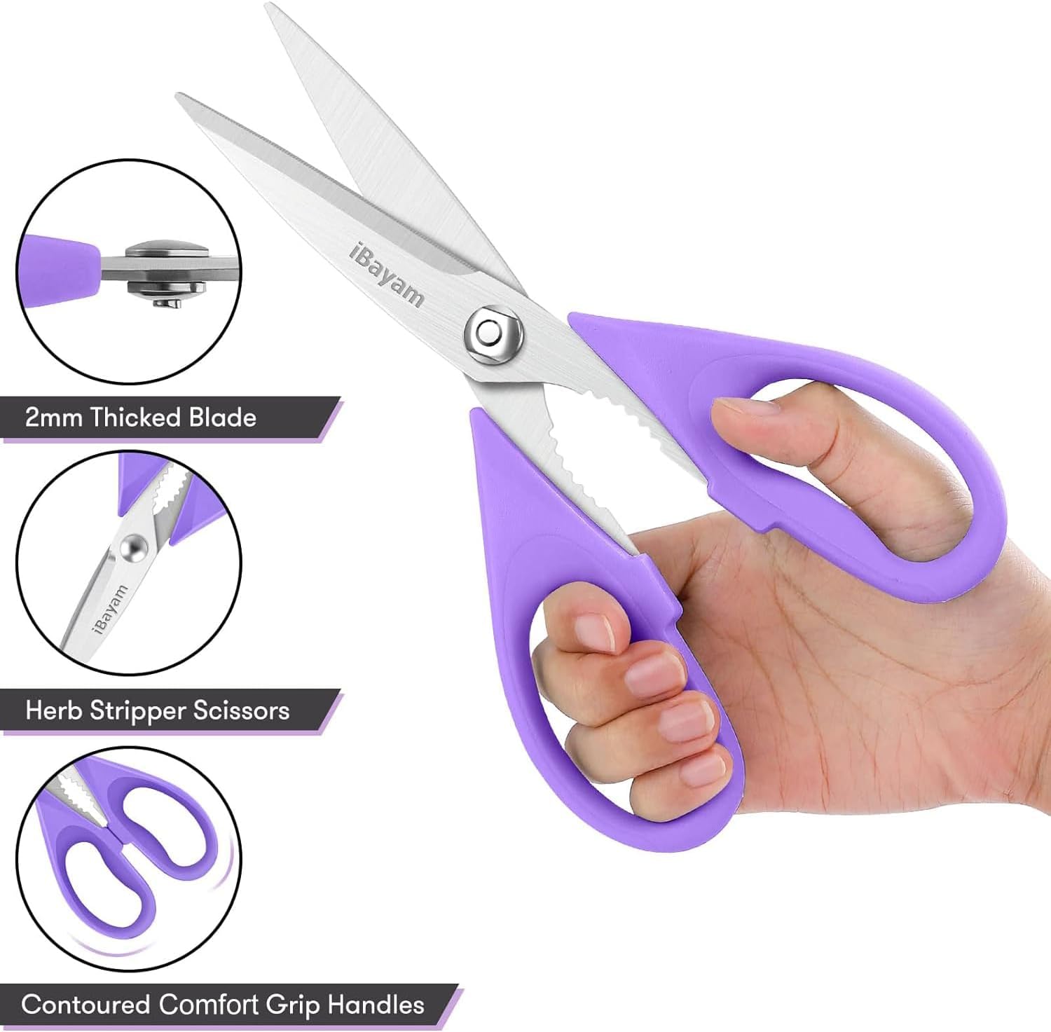 iBayam Kitchen Scissors All Purpose Heavy Duty Meat Poultry Shears, Dishwasher Safe Food Cooking Scissors Stainless Steel Utility Scissors, 2-Pack (Black Red, Black Gray)