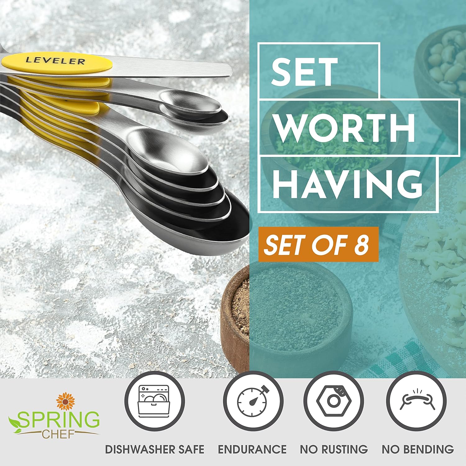 Spring Chef Magnetic Measuring Spoons Set with Strong N45 Magnets, Heavy Duty Stainless Steel Metal, Fits in Most Kitchen Spice Jars for Baking & Cooking, BPA Free, Black, Set of 8 with Leveler