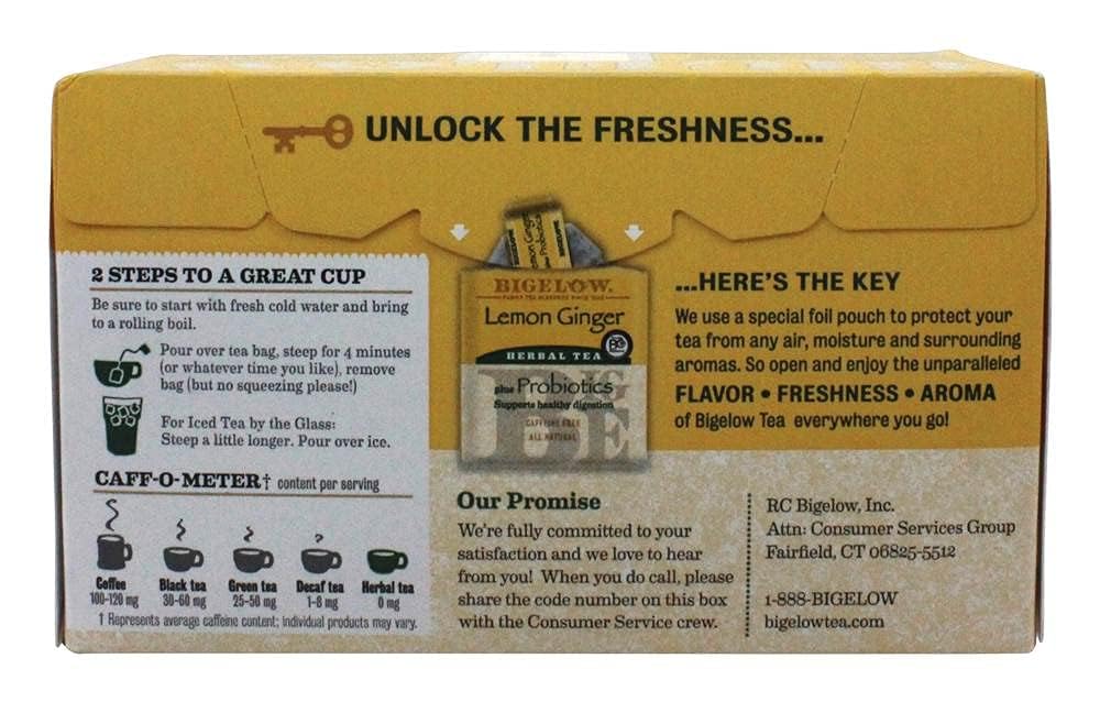 Bigelow Tea Lemon Ginger plus Probiotics Herbal Tea, Caffeine Free Tea with Lemon and Ginger, 18 Count Box (Pack of 6), 108 Total Tea Bags