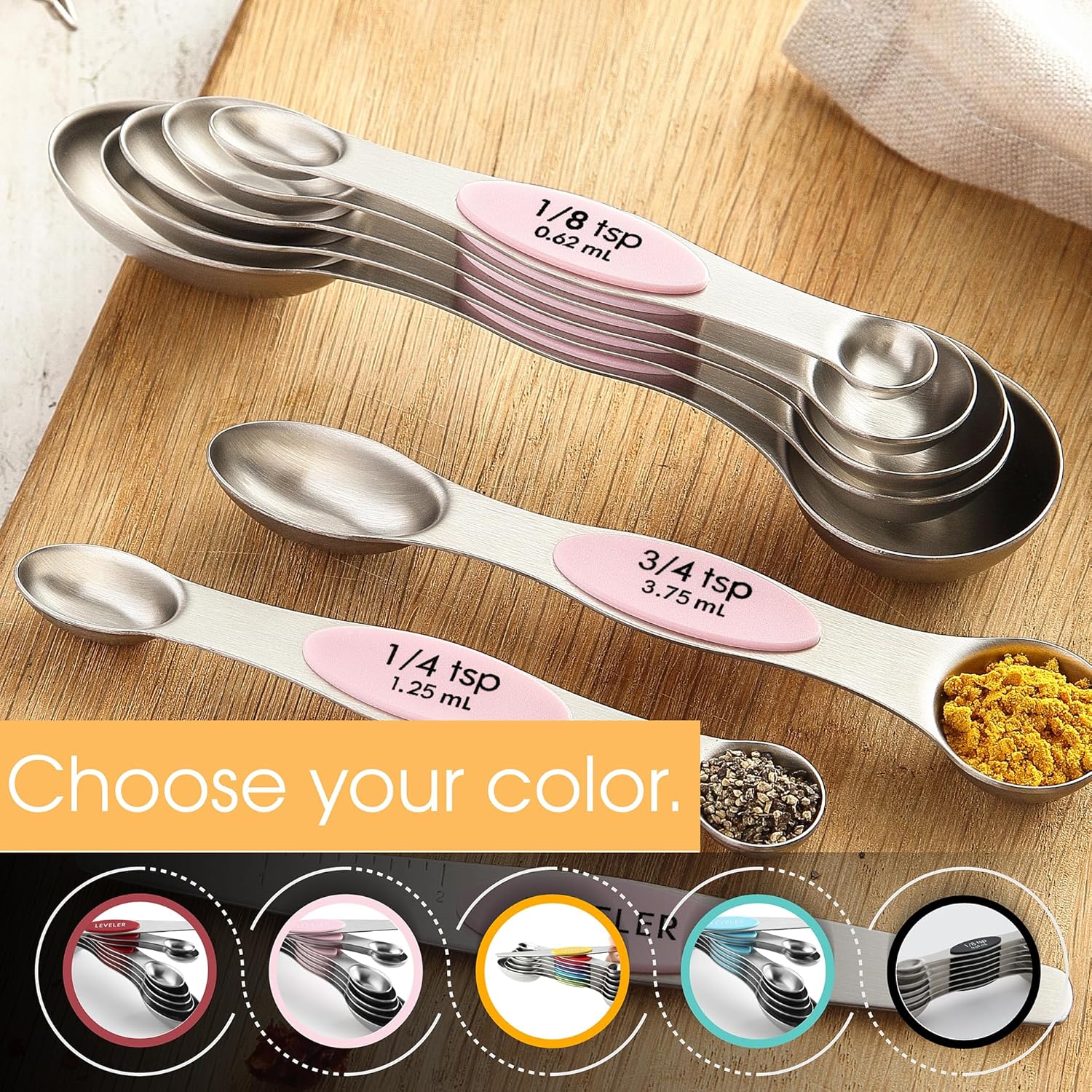 Spring Chef Magnetic Measuring Spoons Set with Strong N45 Magnets, Heavy Duty Stainless Steel Metal, Fits in Most Kitchen Spice Jars for Baking & Cooking, BPA Free, Black, Set of 8 with Leveler