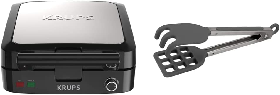 KRUPS: Waffle Maker, Stainless Steel, 4 Slices, 1200 Watts Square, 5 Browning Levels, Removable Plates, Dishwasher Safe, Belgian Waffle Silver and Black