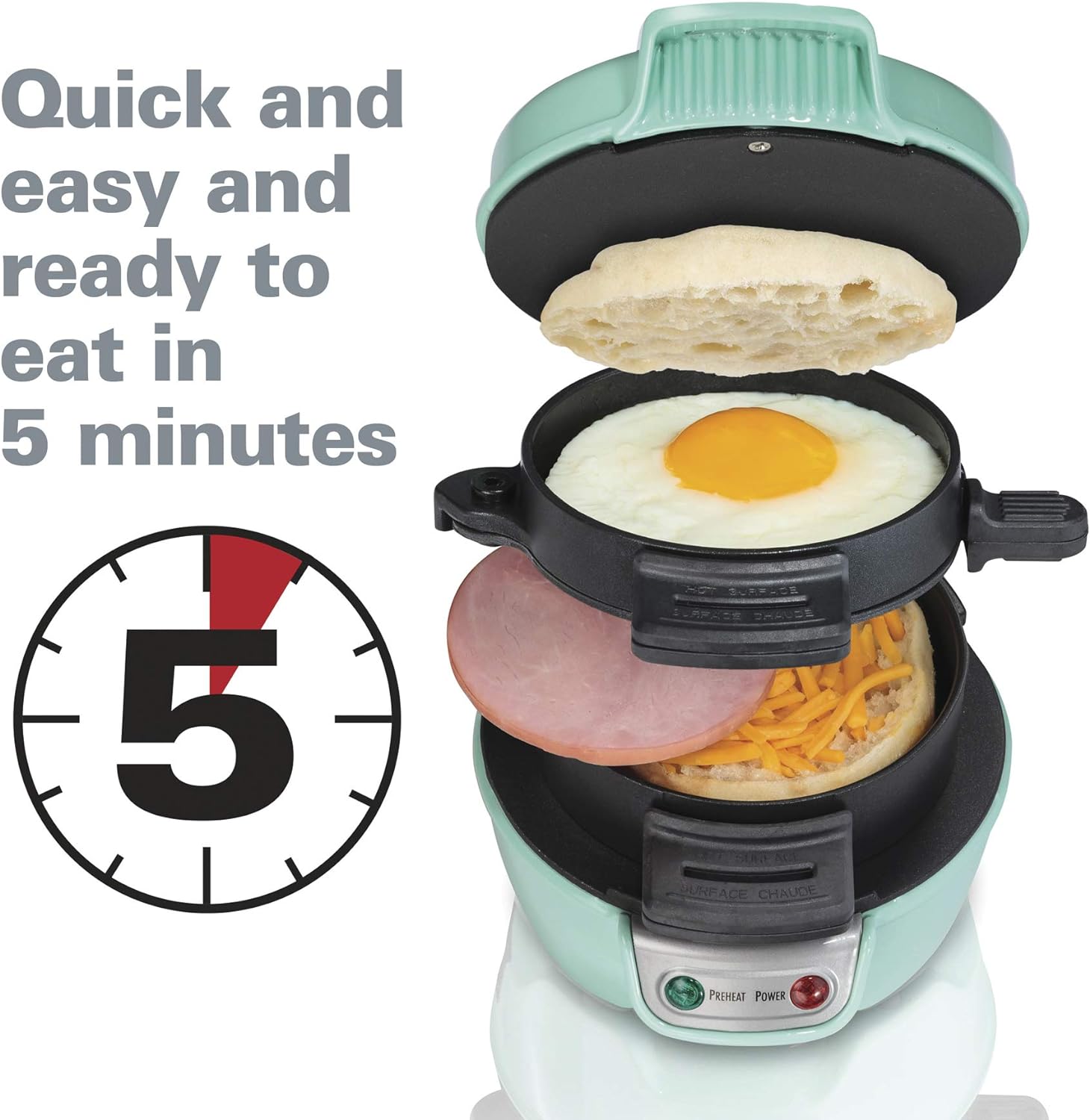Hamilton Beach Breakfast Sandwich Maker with Egg Cooker Ring, Customize Ingredients, English Muffins, Croissants, Mini Waffles, Perfect White Elephant Gifts, Single, Black