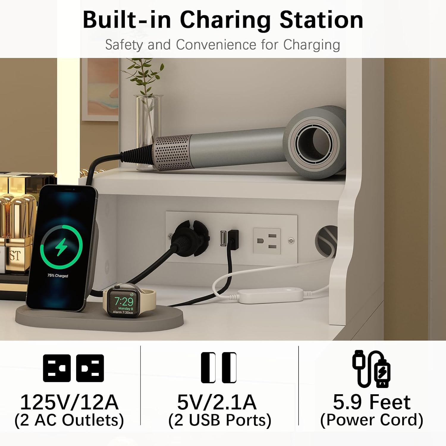 Dnxao Large Make up Vanity Desk with Mirror and Lights,3 Lights Mode and Brightness Adjusted by Touch Button, Built-in Power Strip and 6 Drawers,4 cabinets,2 cabinets with RGB Lights